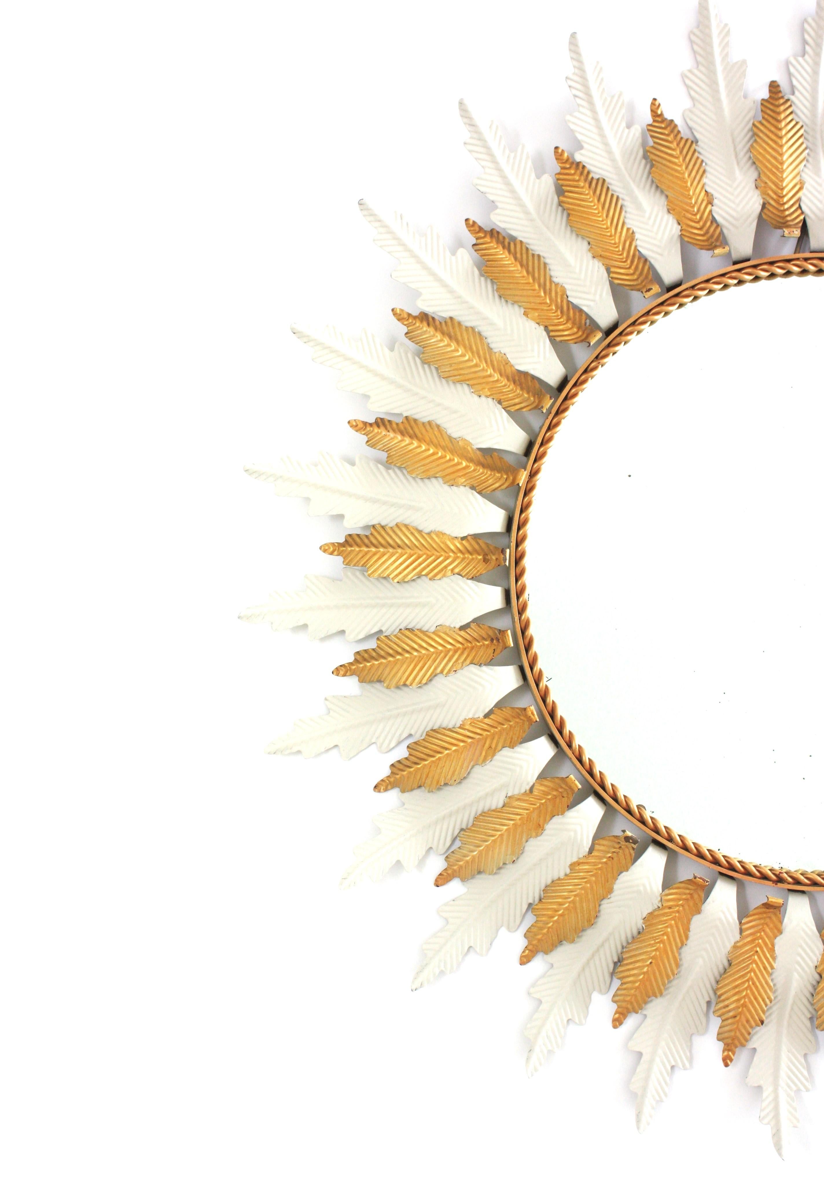 Metal Large Sunburst Mirror with White Gilt Iron Double Layered Frame For Sale