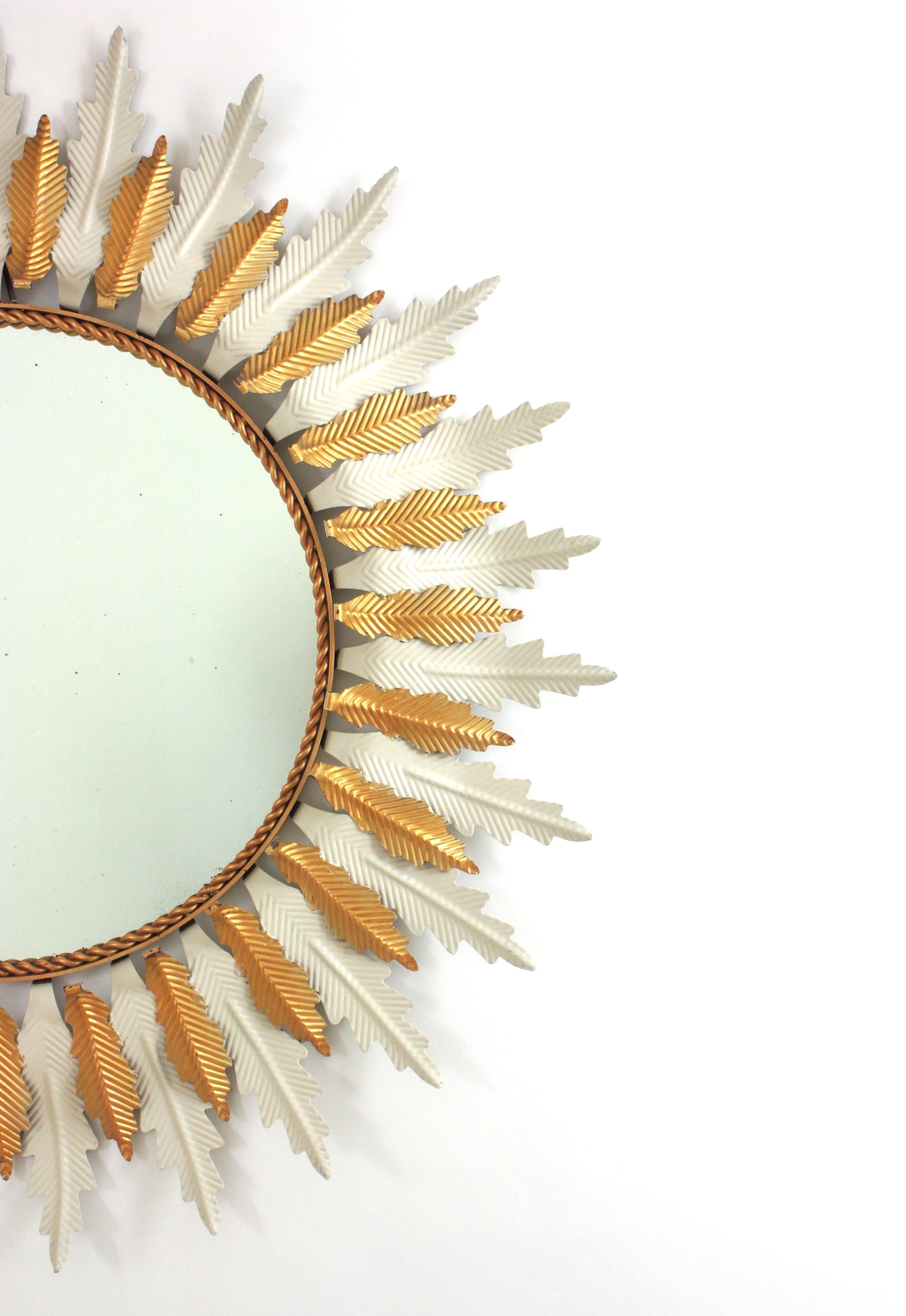 Large Sunburst Mirror with White Gilt Iron Double Layered Frame For Sale 1