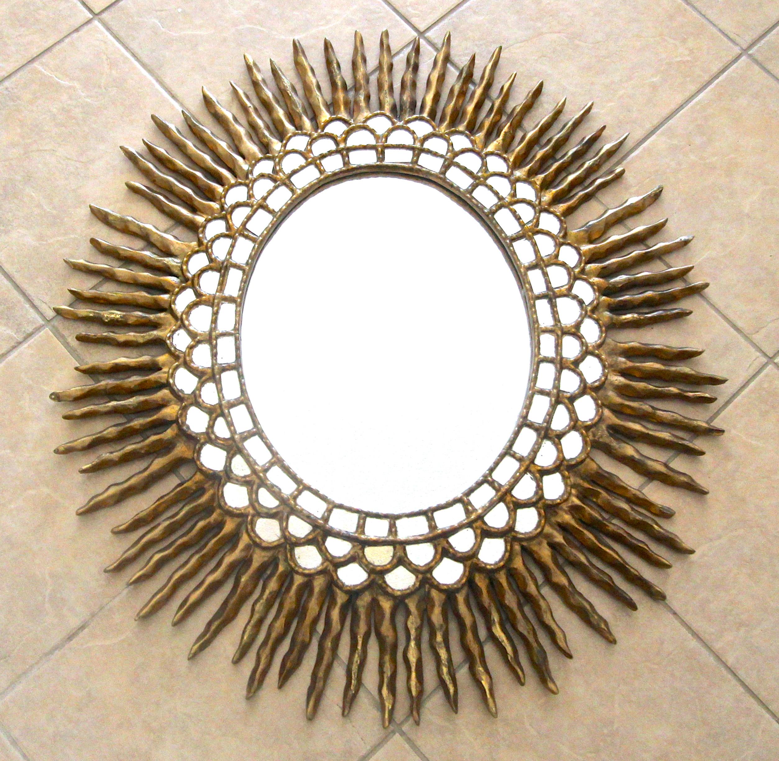 Large Sunburst Oval Giltwood Spanish Colonial Wall Mirror 3