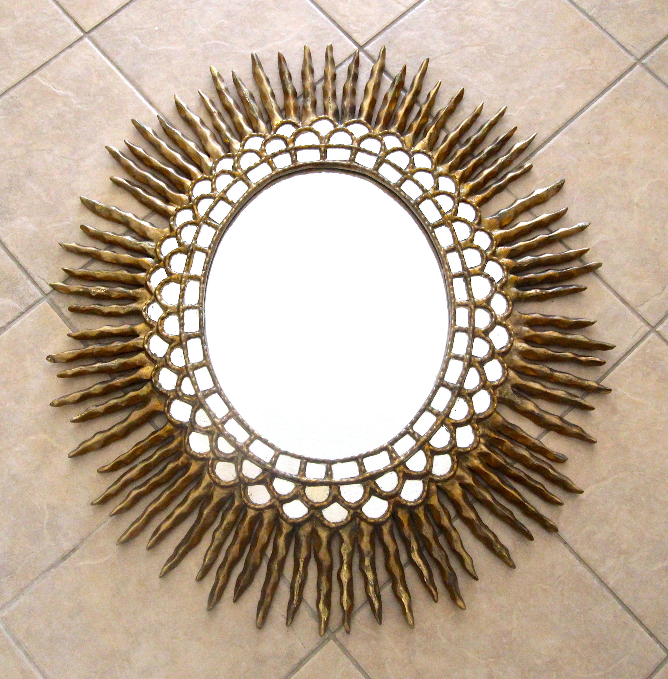 Large Sunburst Oval Giltwood Spanish Colonial Wall Mirror 9