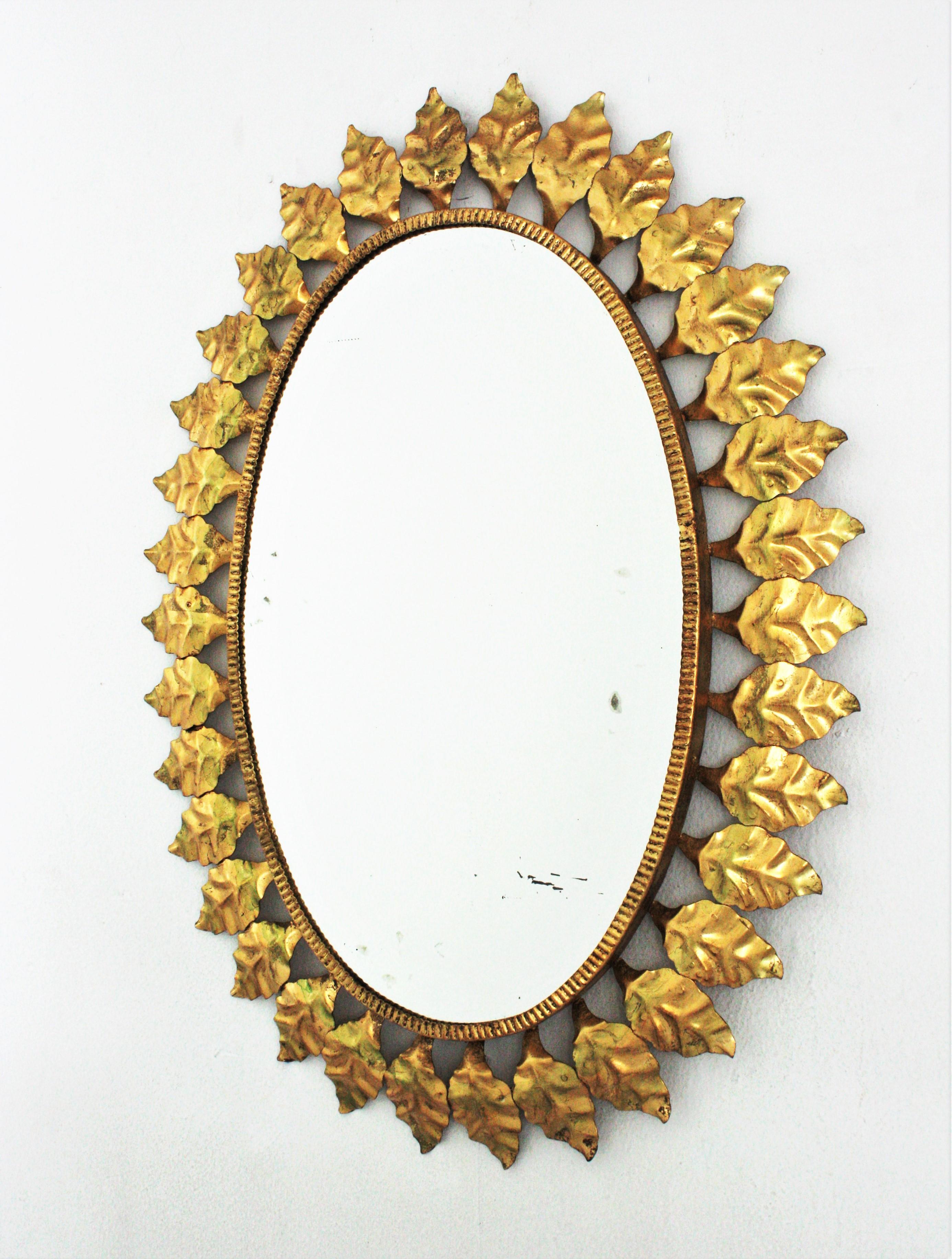 Sunburst Oval Mirror in Gilt Iron, 1950s For Sale 5