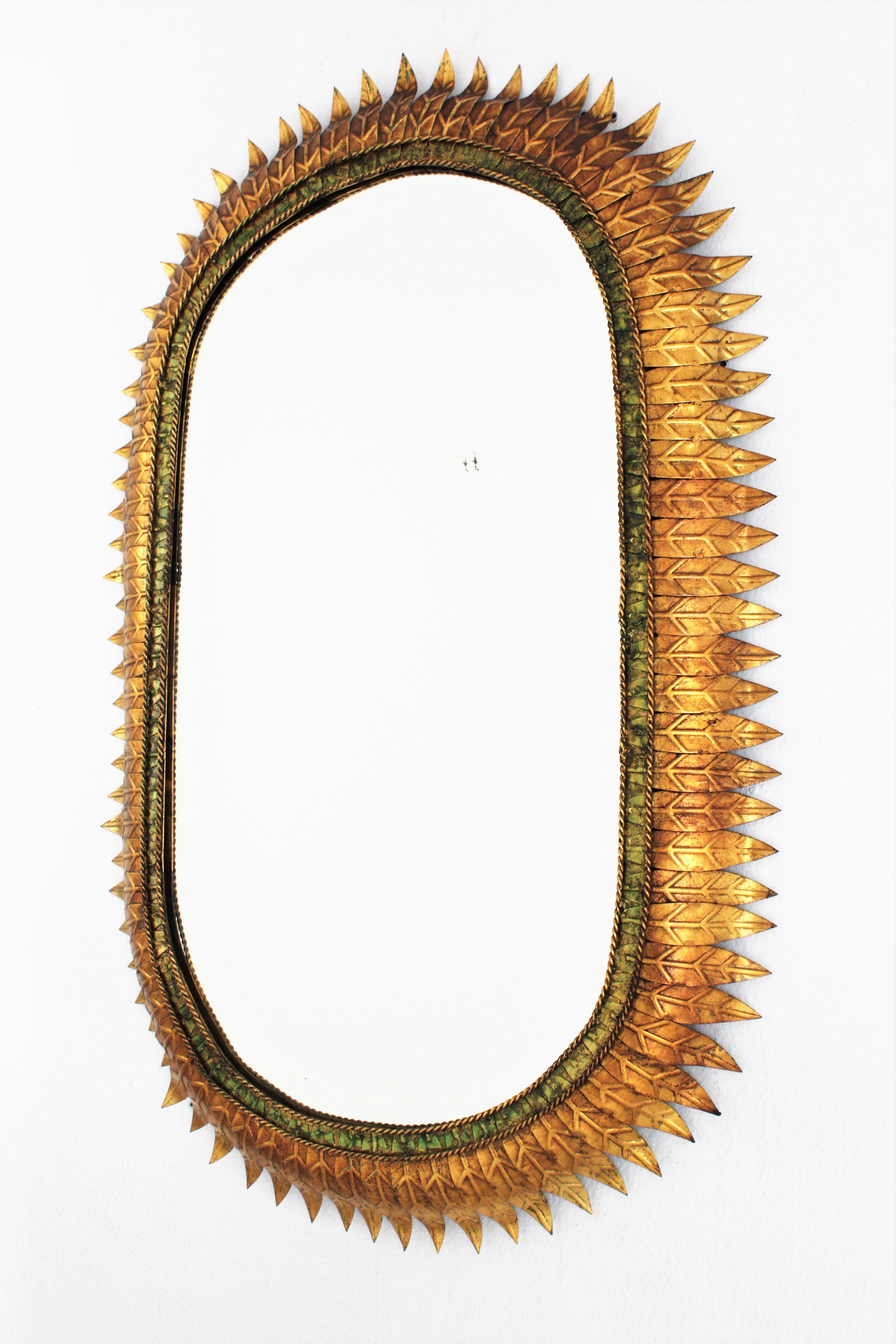 Large Sunburst Oval Mirror with Gilt Iron and Green Frame 5