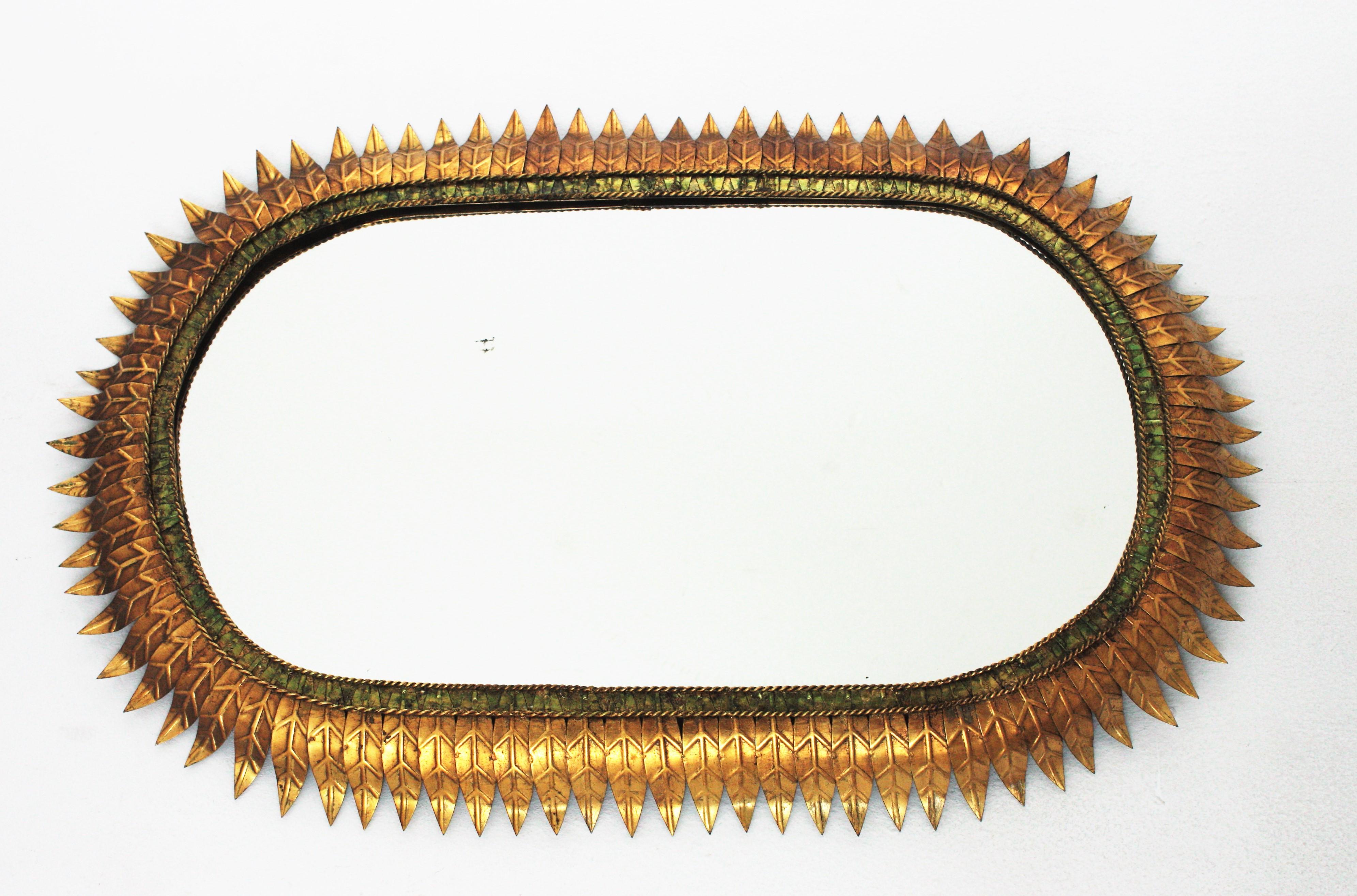 Large Sunburst Oval Mirror with Gilt Iron and Green Frame 6