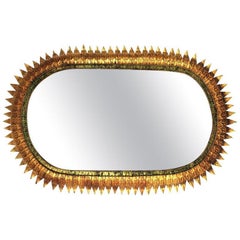 Large Sunburst Oval Mirror with Gilt Iron and Green Frame