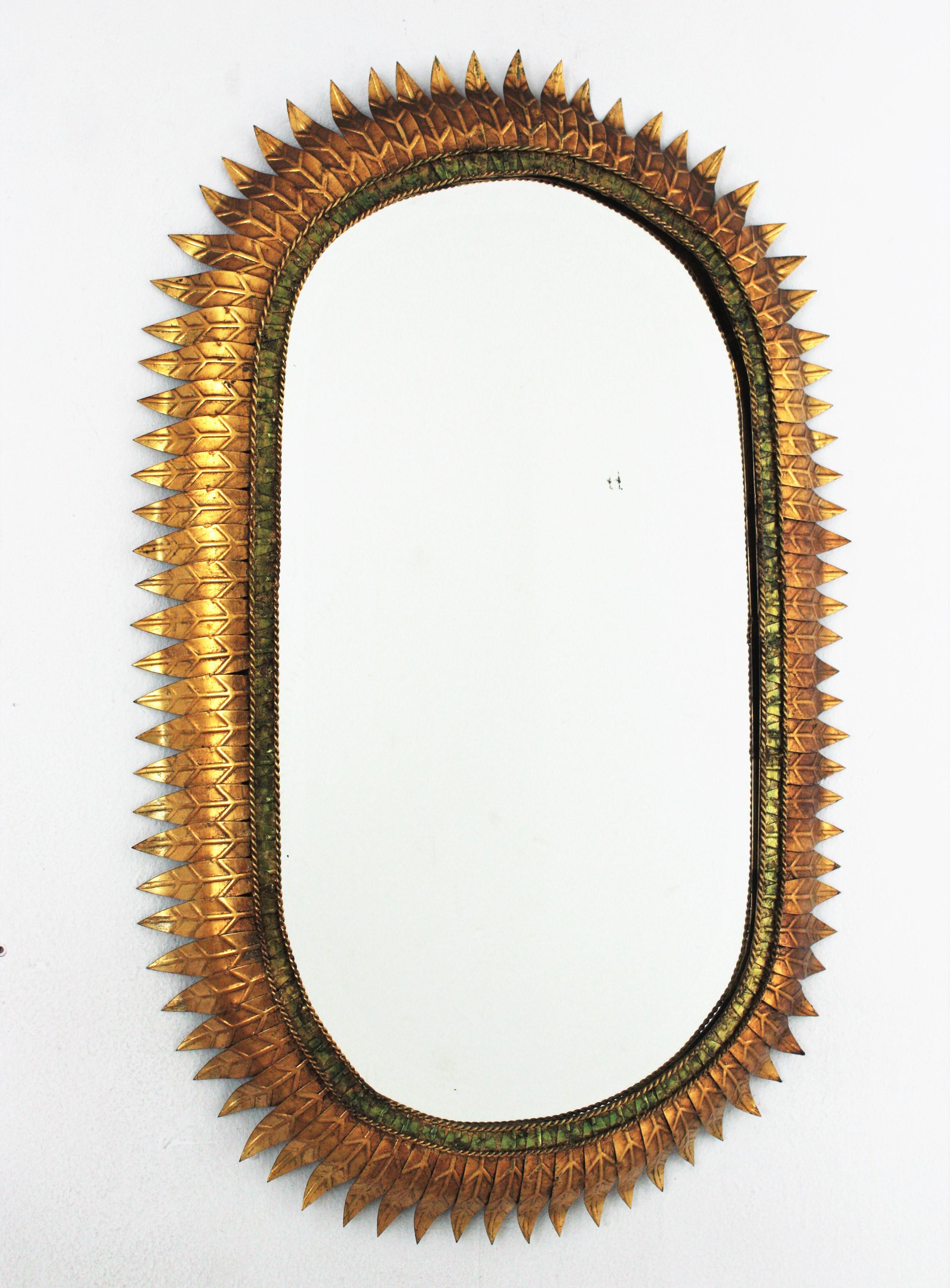 Hollywood Regency Large Sunburst Oval Mirror with Gilt Iron and Green Frame