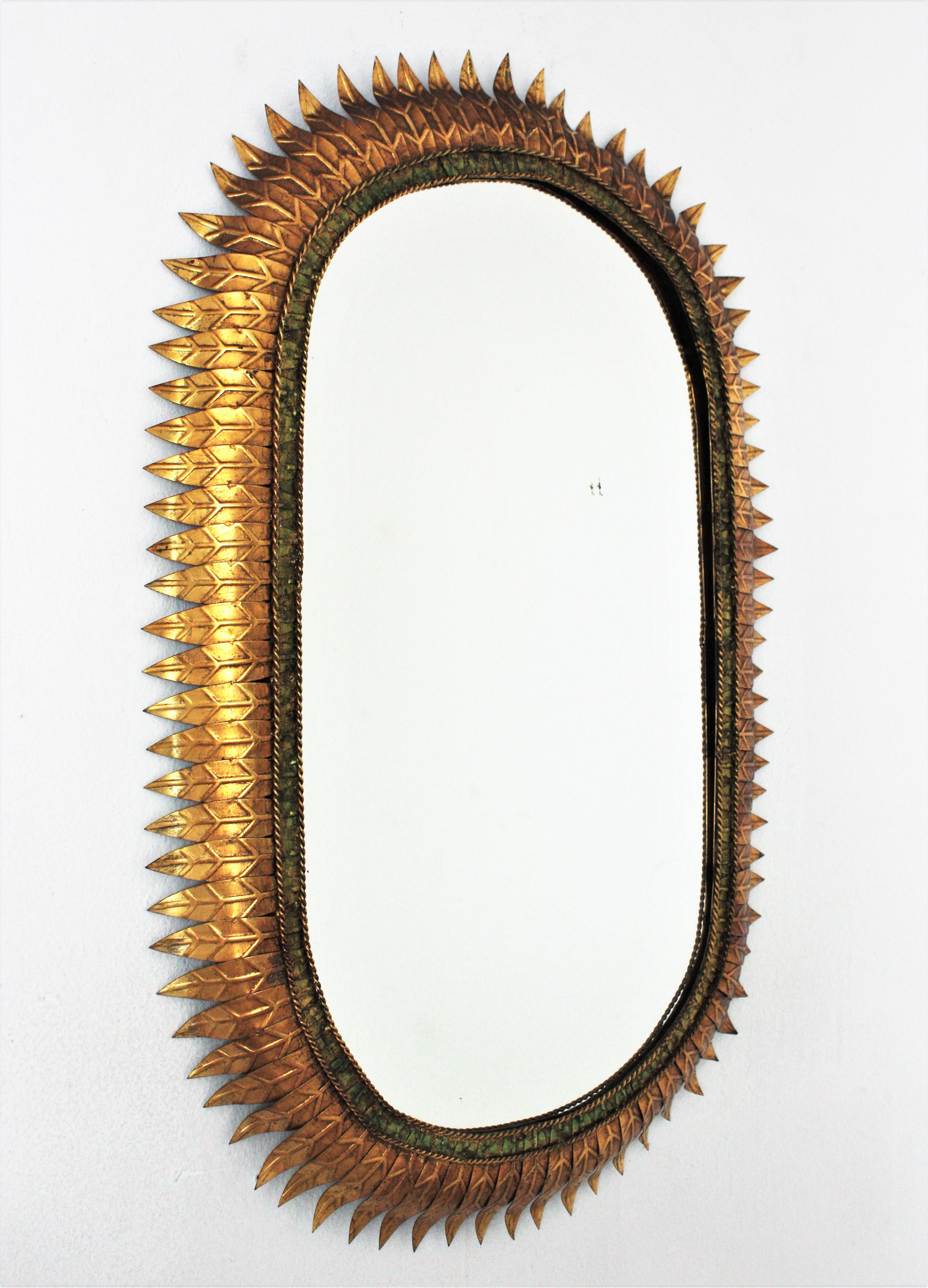 Spanish Large Sunburst Oval Mirror with Gilt Iron and Green Frame