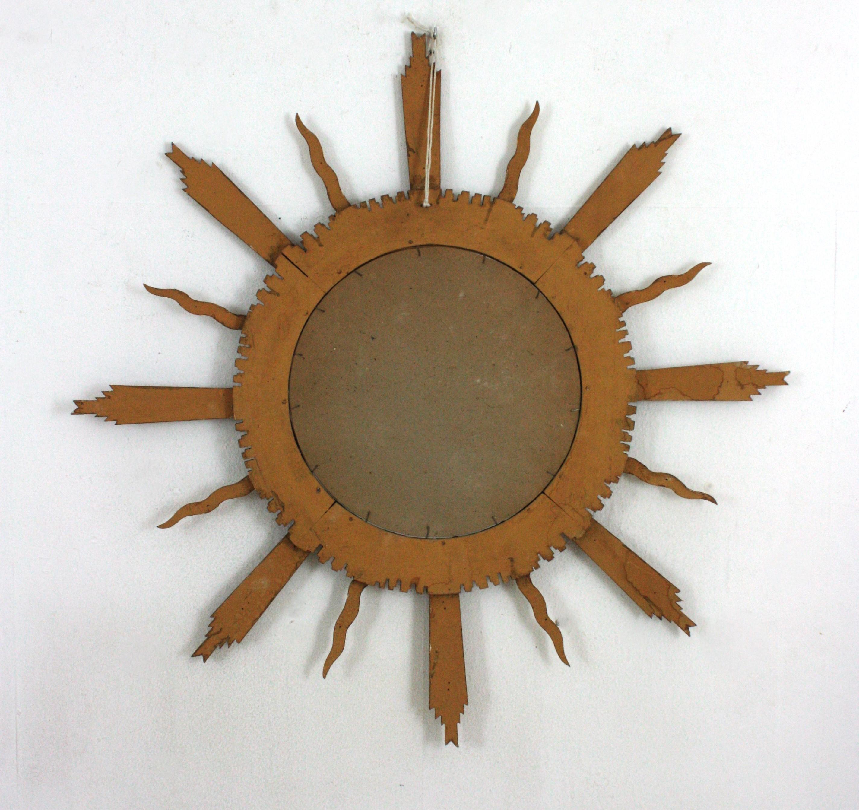 Large Sunburst Starburst Giltwood Mirror in the Style of Gilbert Poillerat For Sale 4