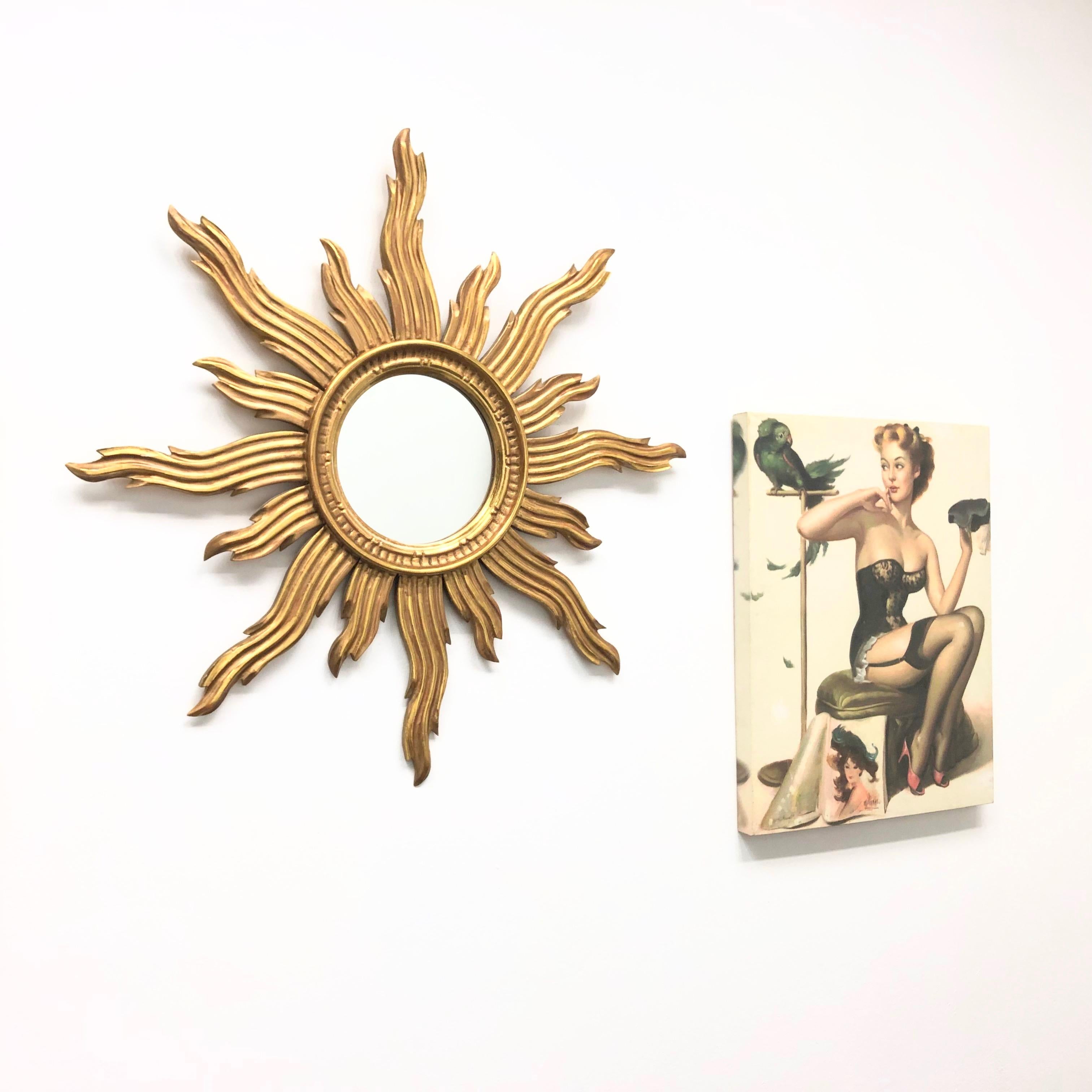 Large Sunburst Starburst Mirror Wood Vintage German, circa 1970s 1