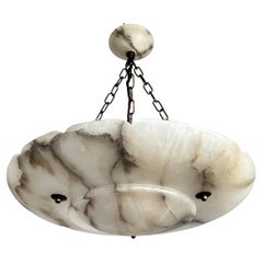 Large & Sunflower Design White & Black Alabaster Pendant Light / Chandelier 1920