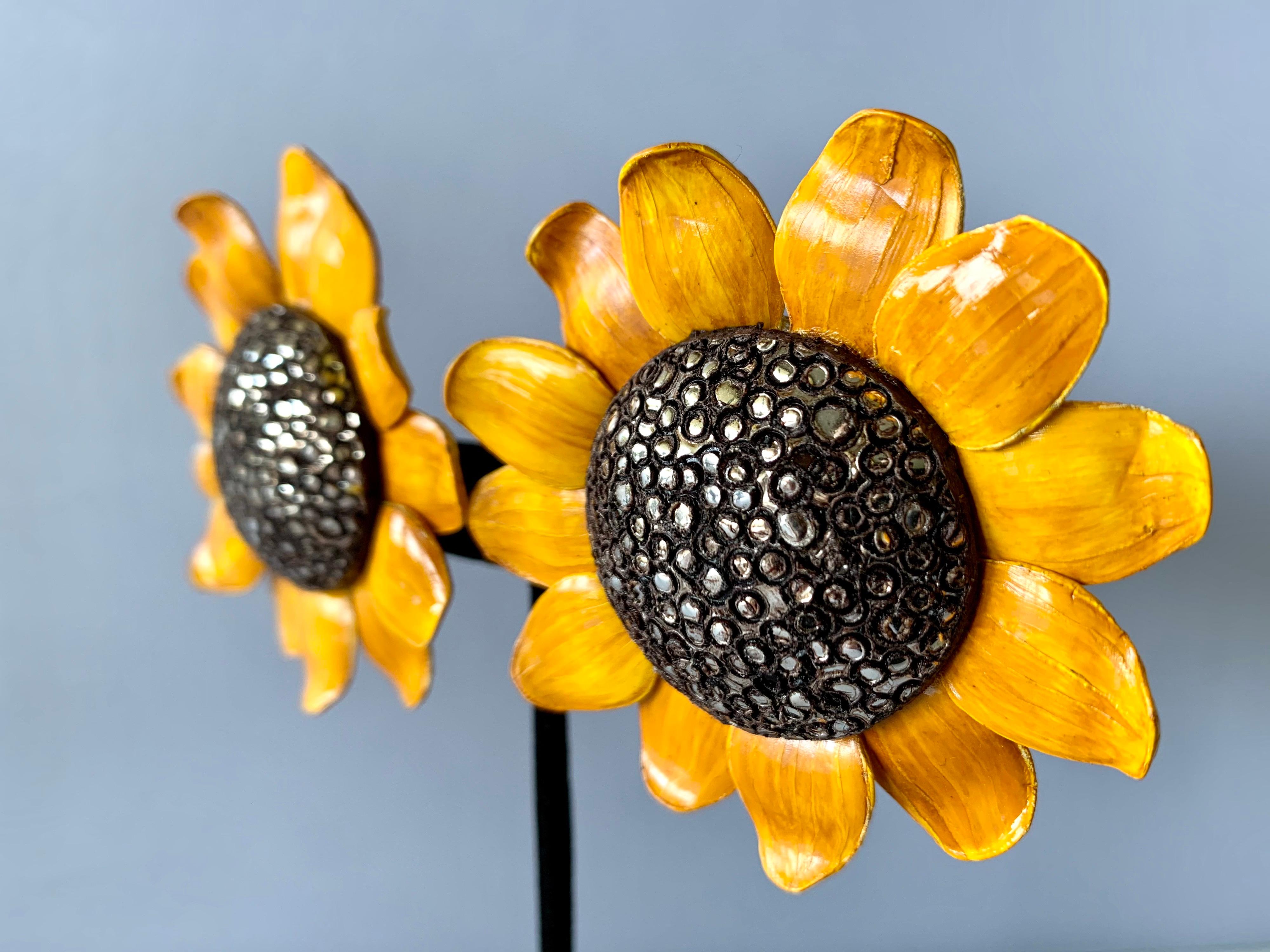 Large contemporary artisan sunflower clip-on earrings, handcrafted in France by Cilea.