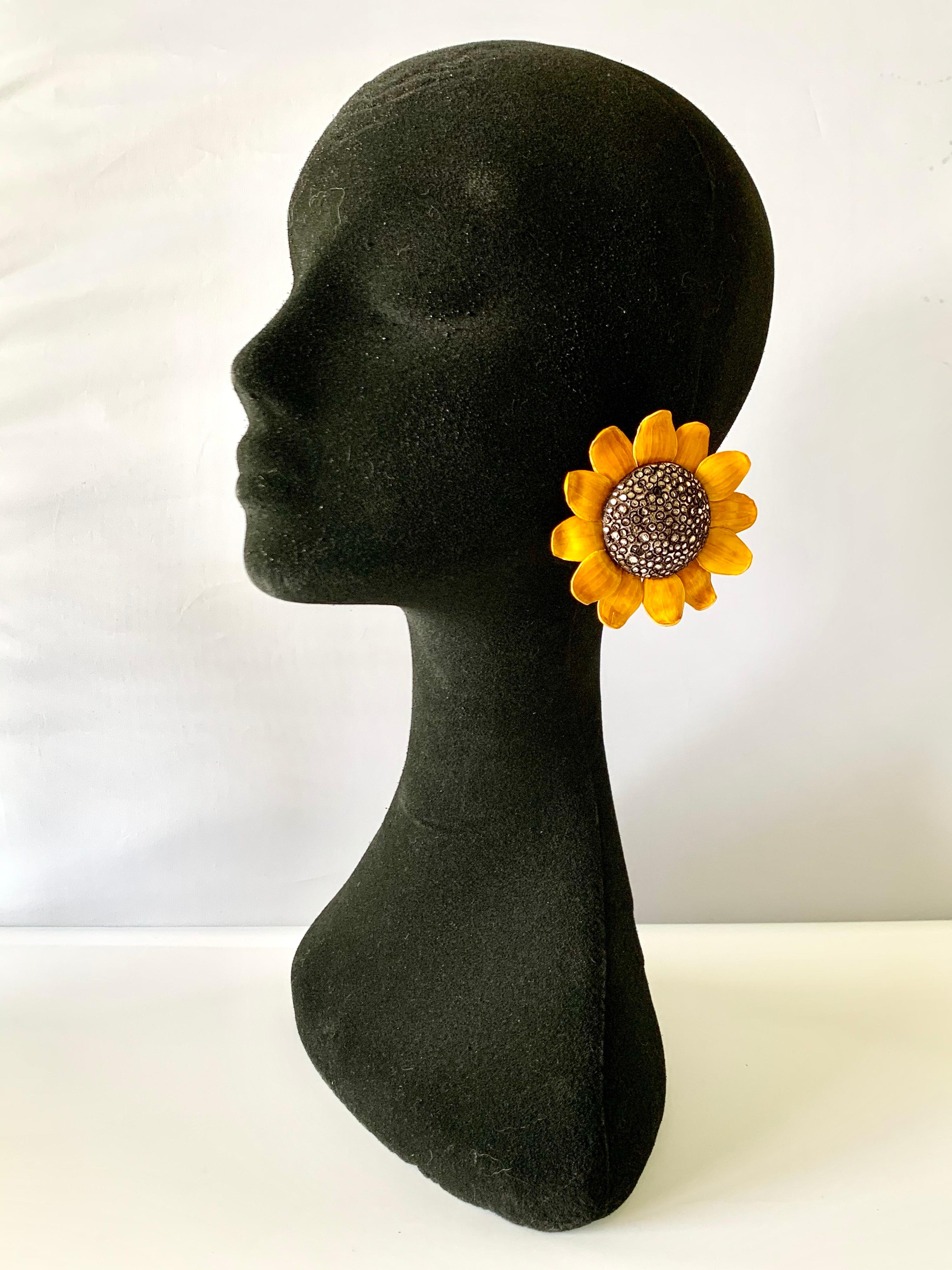 Contemporary Large Sunflower Statement Earrings  For Sale