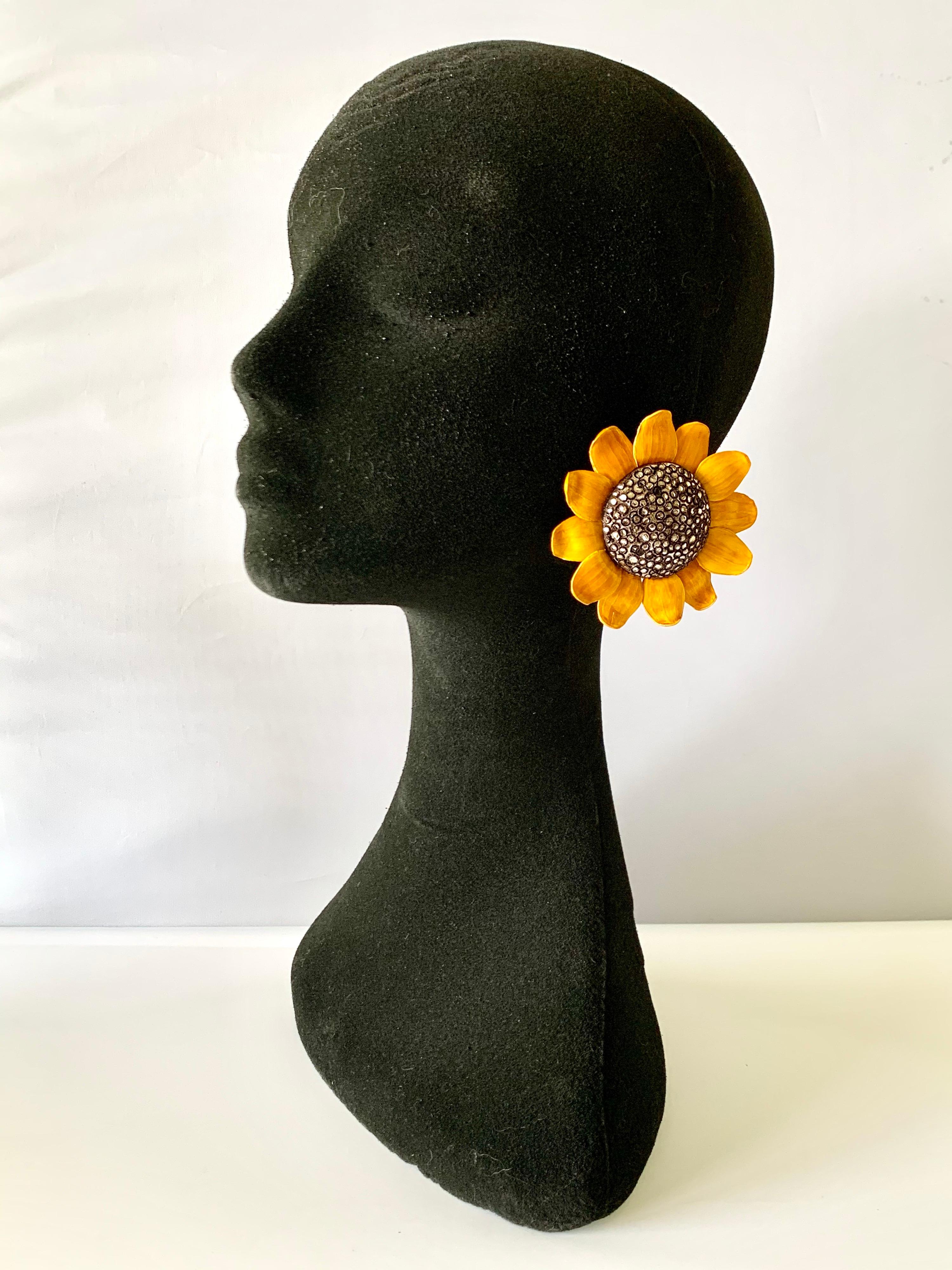 Contemporary Large Sunflower Statement Earrings For Sale