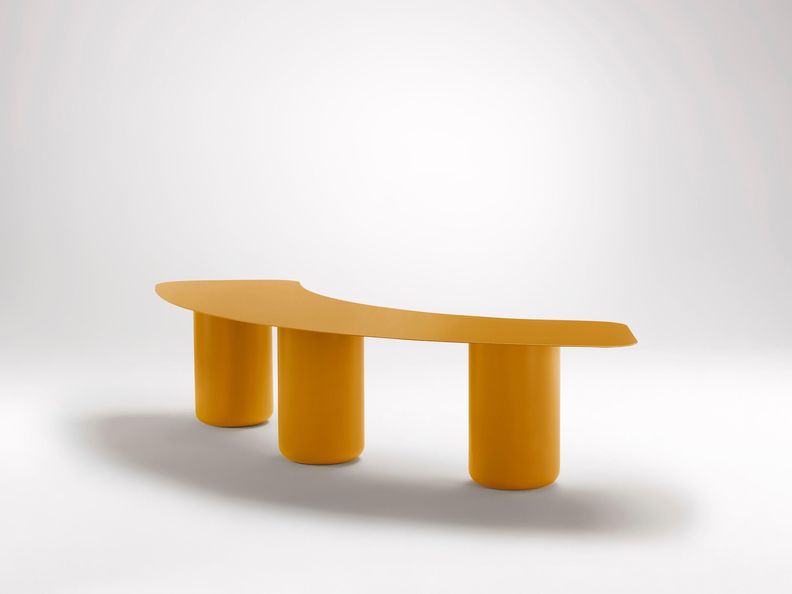 Large Sunshine Yellow Curved Bench by Coco Flip
Dimensions: D 75 x W 200 x H 42 cm
Materials: Mild steel, powder-coated with zinc undercoat. 
Weight: 44 kg

Coco Flip is a Melbourne based furniture and lighting design studio, run by us, Kate Stokes