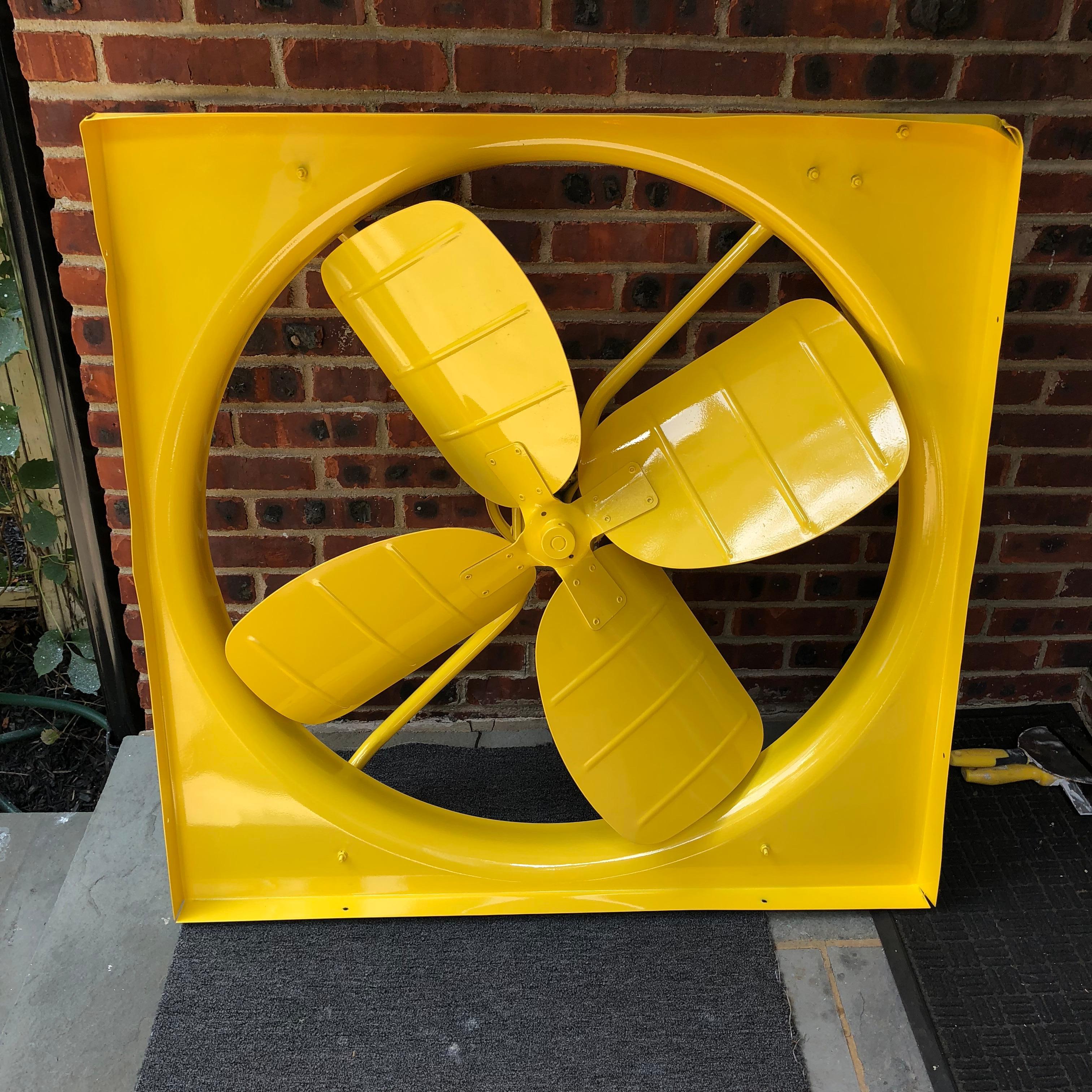 Large sunshine yellow powder-coated industrial fan.

Fan is in working spinning condition and is newly powder-coated.

$125 flat rate front door delivery includes Washington DC metro, Baltimore and Philadelphia.
 