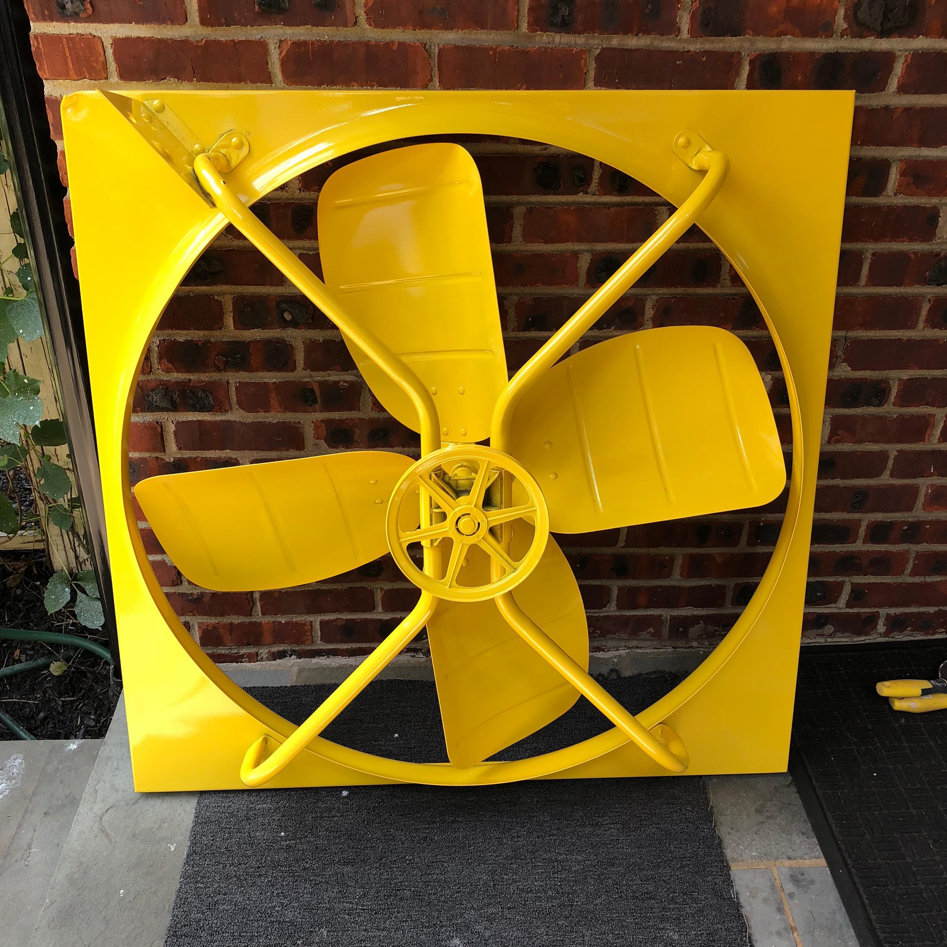 Large Sunshine Yellow Powder-Coated Industrial Fan In Good Condition For Sale In Haddonfield, NJ