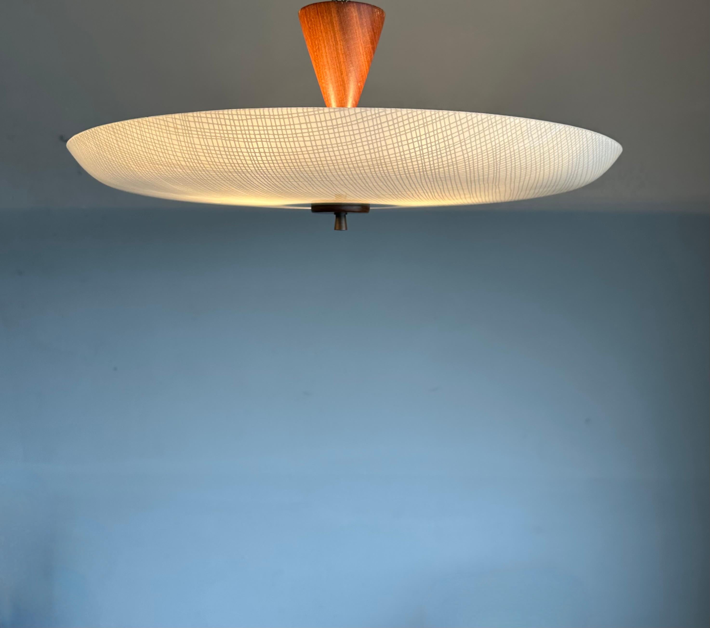 Large Superb Condition 3 Light Midcentury Modern Glass Flush Mount with Teakwood In Excellent Condition For Sale In Lisse, NL