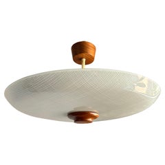 Large Superb Condition 3 Light Midcentury Modern Glass Flush Mount with Teakwood