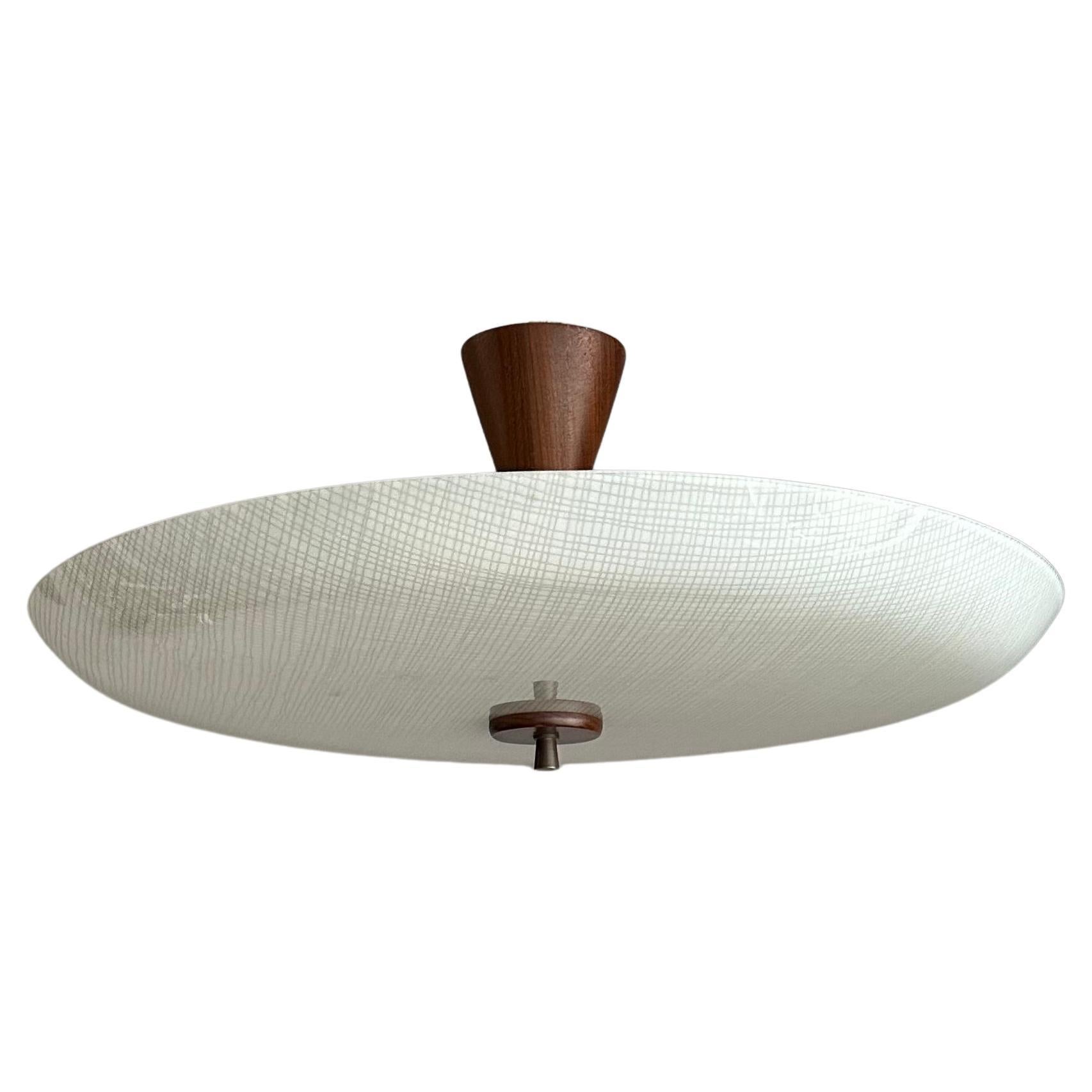 Large Superb Condition 3 Light Midcentury Modern Glass Flush Mount with Teakwood For Sale