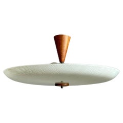 Large Superb Condition 3 Light Midcentury Modern Glass Flush Mount with Teakwood
