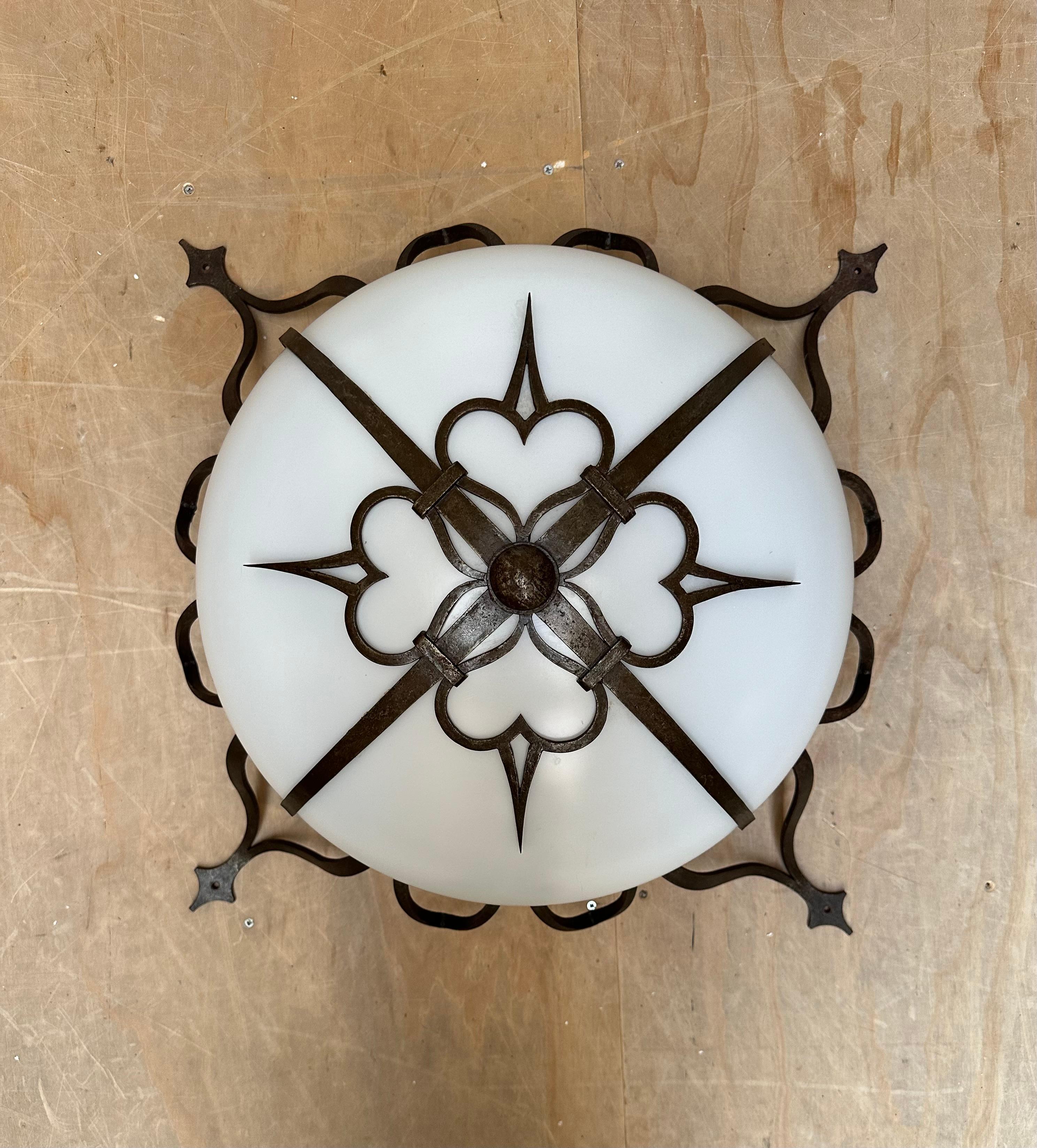 Large Superb Condition All White Glass Flush Mount with Wrought Iron Gallery For Sale 9