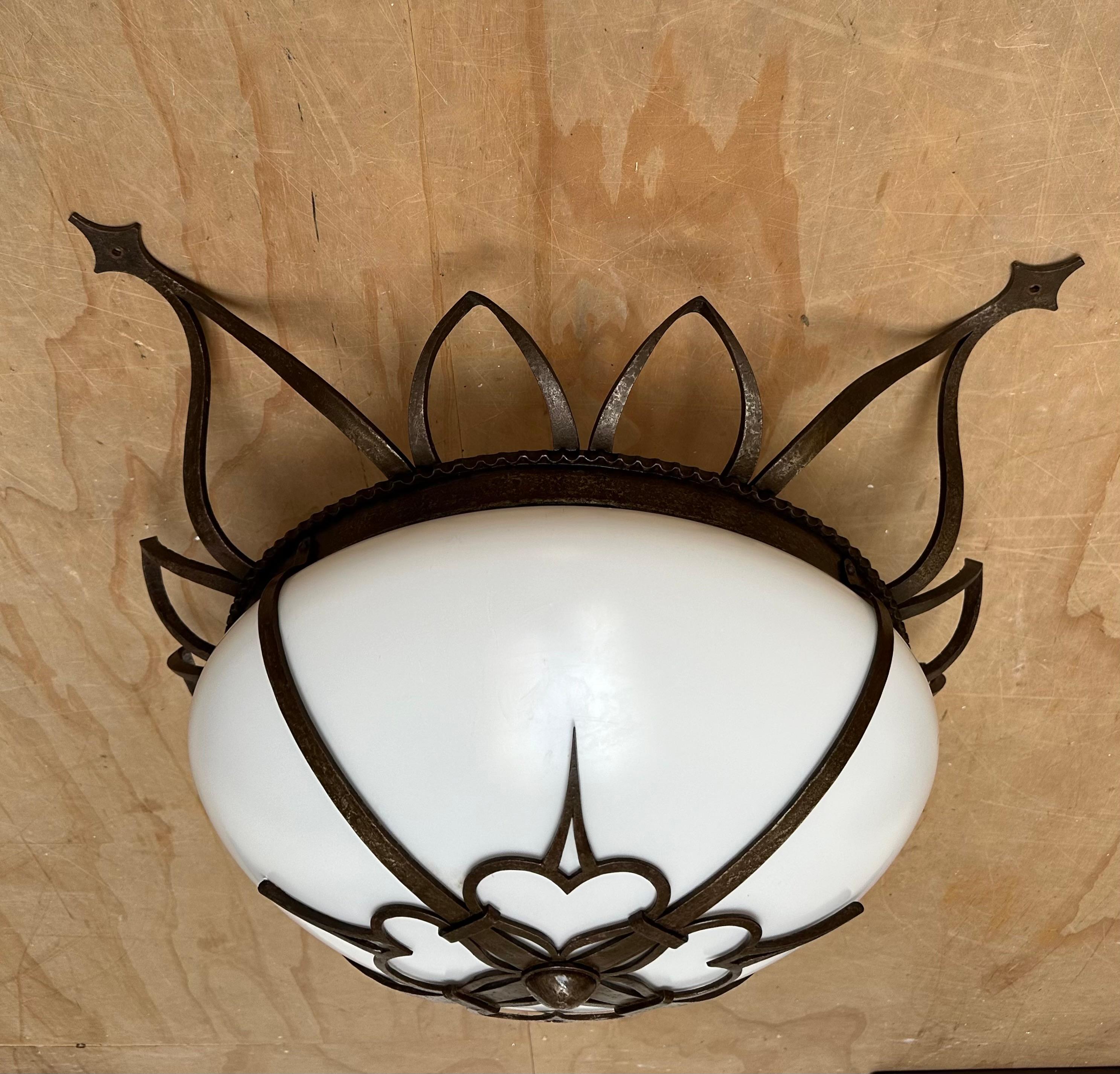 Arts and Crafts Large Superb Condition All White Glass Flush Mount with Wrought Iron Gallery For Sale