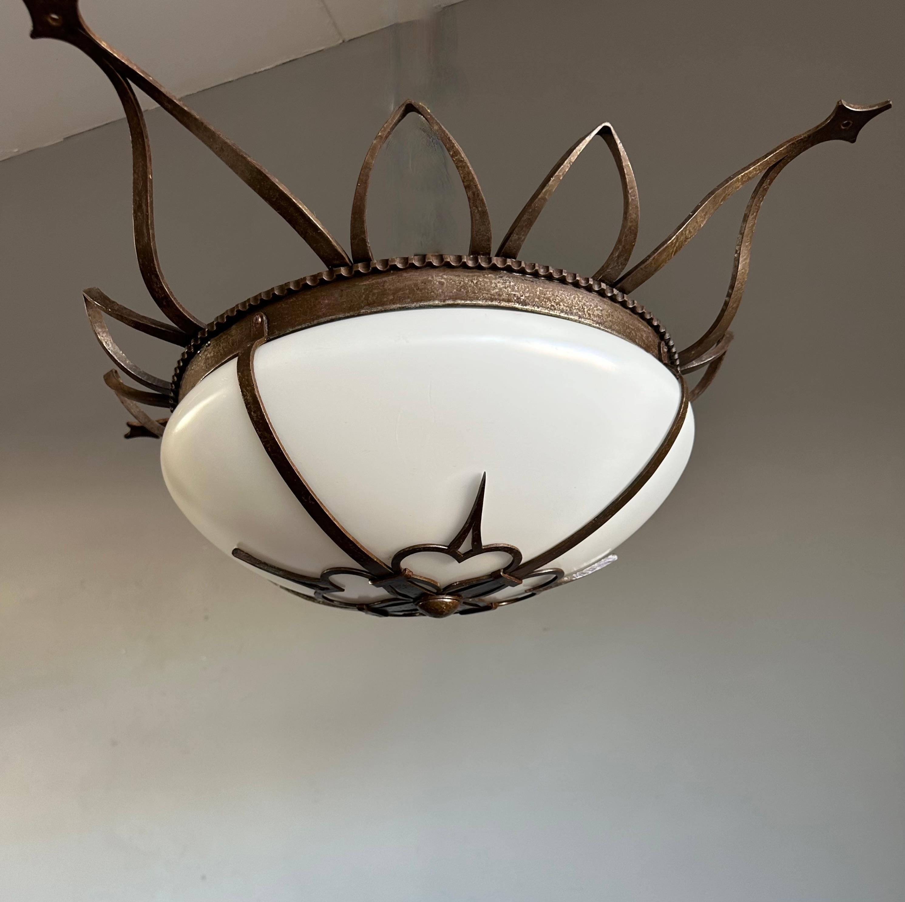 Large Superb Condition All White Glass Flush Mount with Wrought Iron Gallery In Excellent Condition For Sale In Lisse, NL