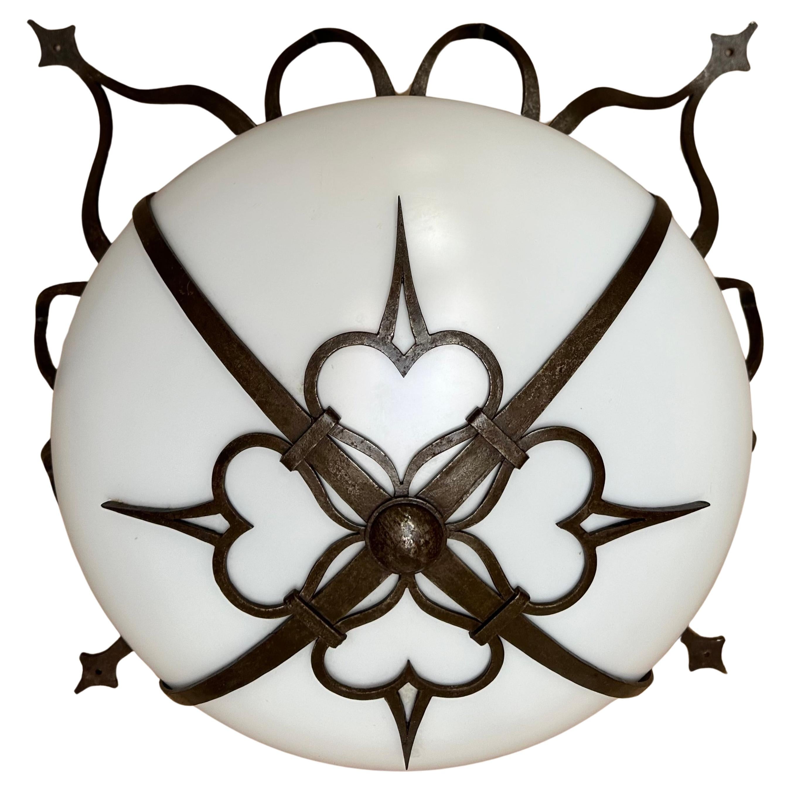 Large Superb Condition All White Glass Flush Mount with Wrought Iron Gallery For Sale