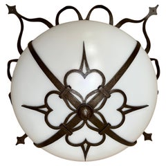 Large Superb Condition All White Glass Flush Mount with Wrought Iron Gallery