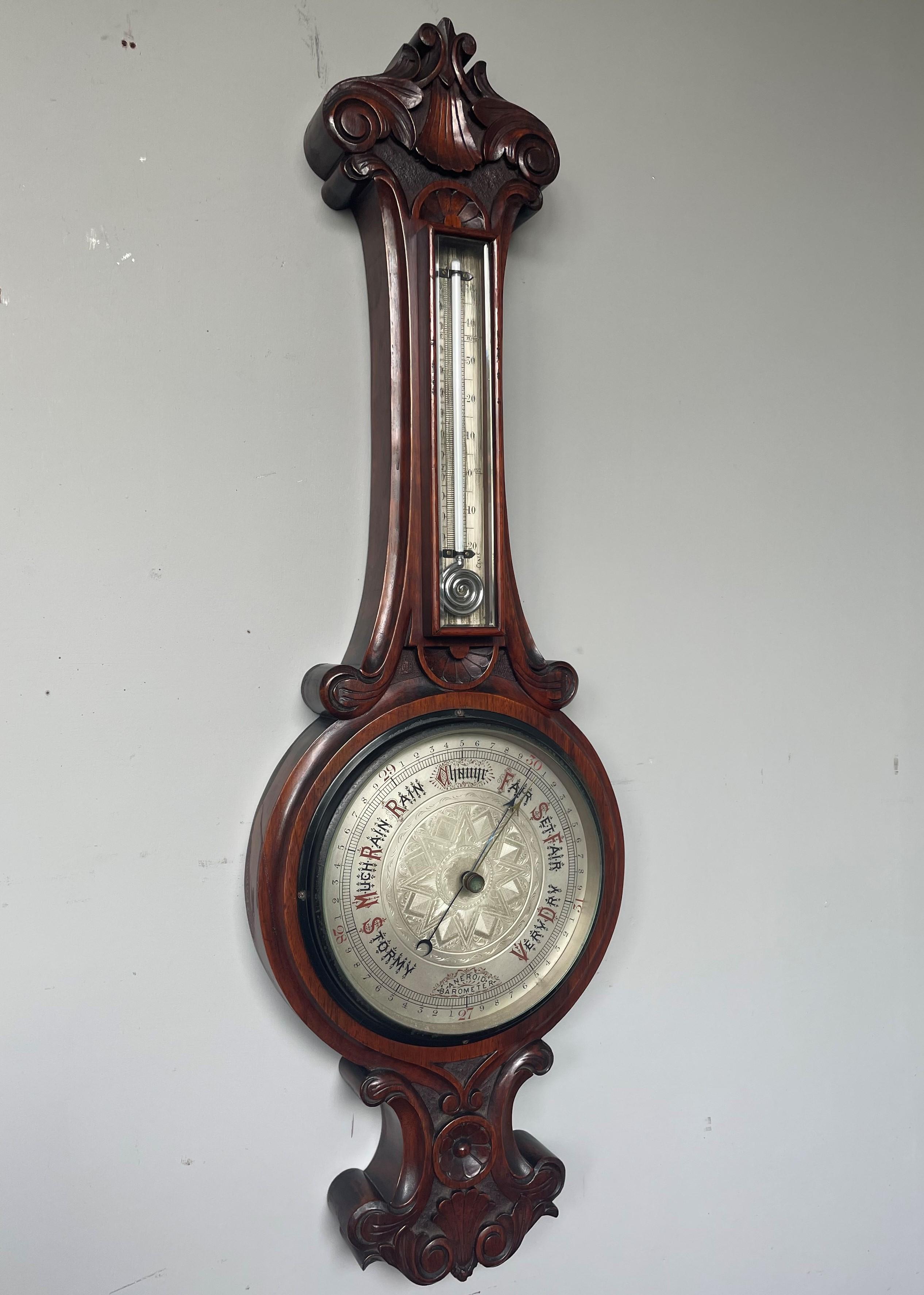 Large Superb Condition Antique Hand Carved Solid Walnut Victorian Wall Barometer 6
