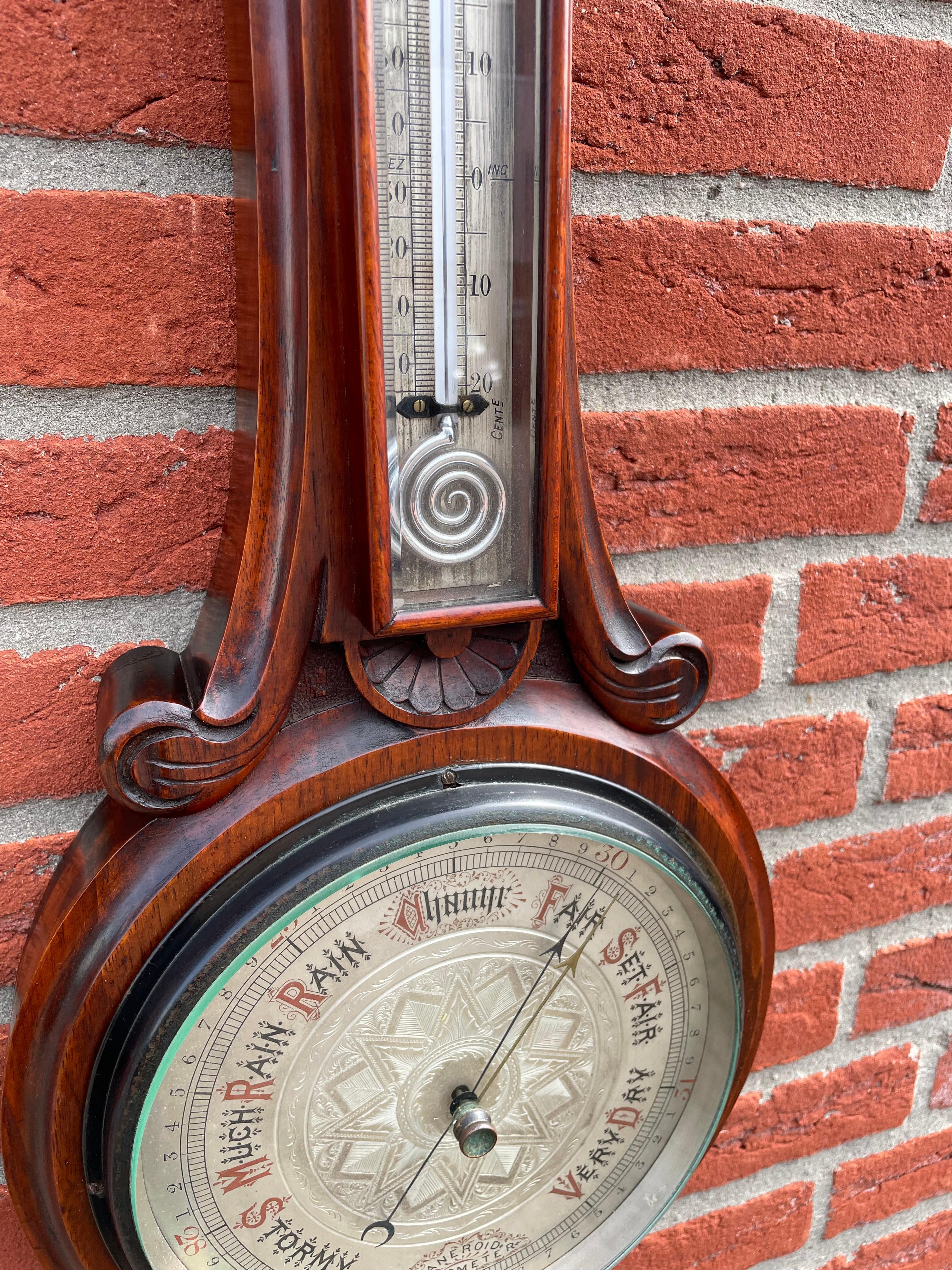 Large Superb Condition Antique Hand Carved Solid Walnut Victorian Wall Barometer 7