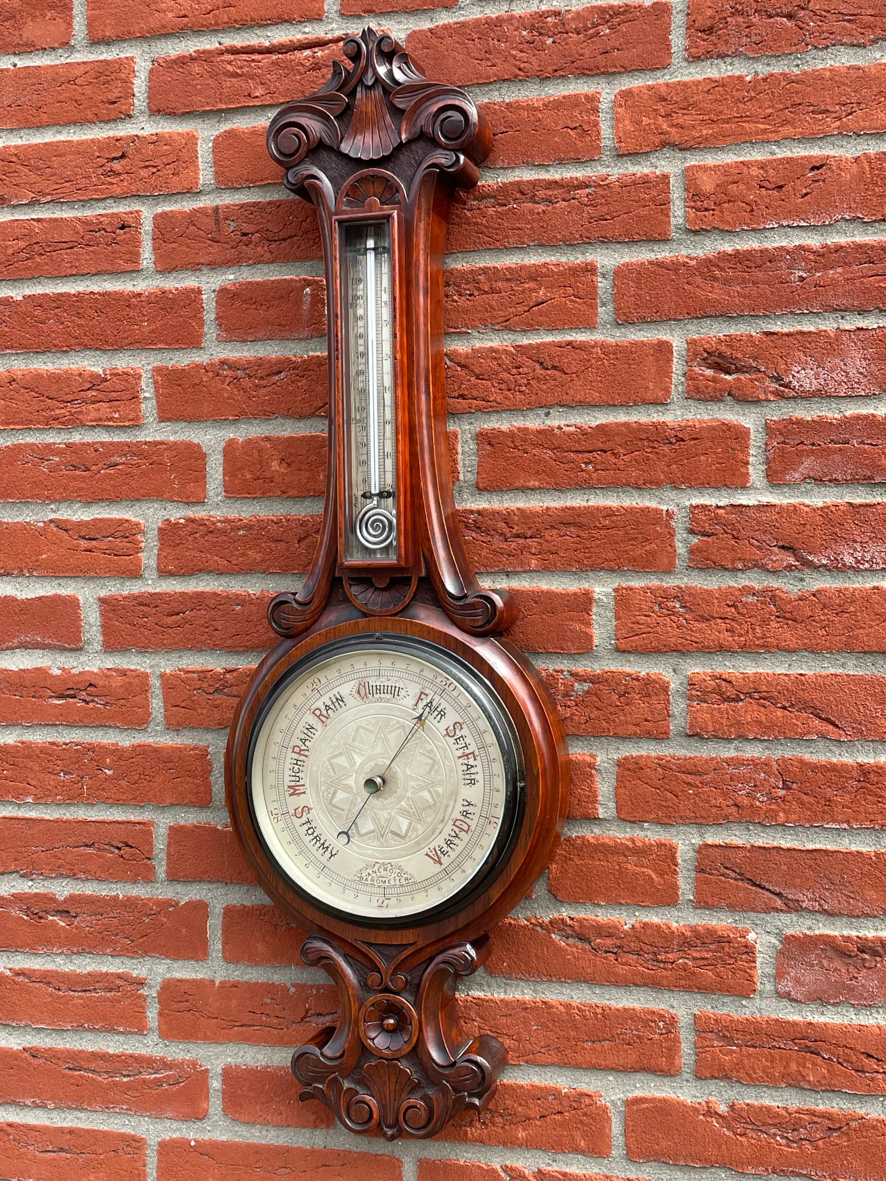 Large Superb Condition Antique Hand Carved Solid Walnut Victorian Wall Barometer 9