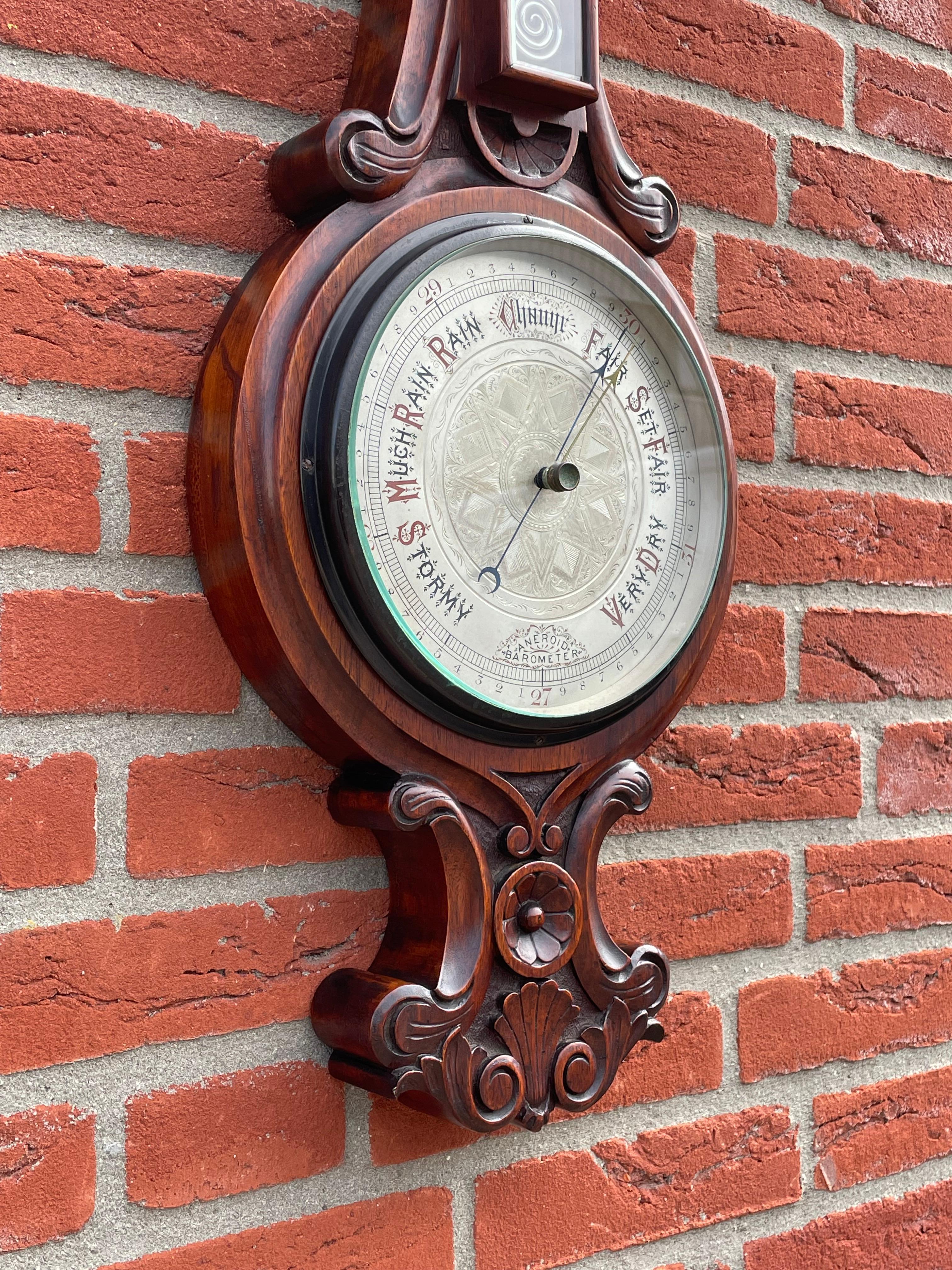 Stunning design and top quality carved antique barometer.

This late 1800s English wall barometer has everything that makes an antique worthwhile. The quality of the workmanship is second to none. The carvings in this large, thick and heavy wooden