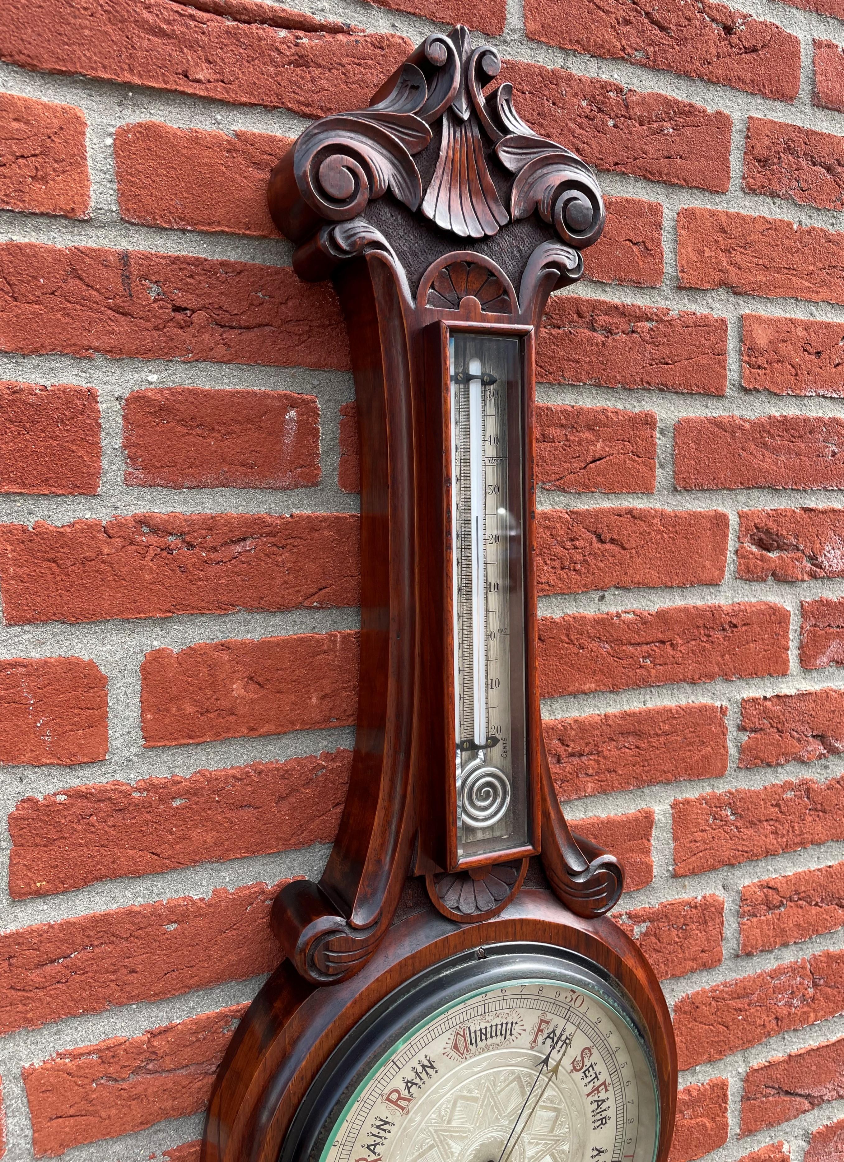 English Large Superb Condition Antique Hand Carved Solid Walnut Victorian Wall Barometer