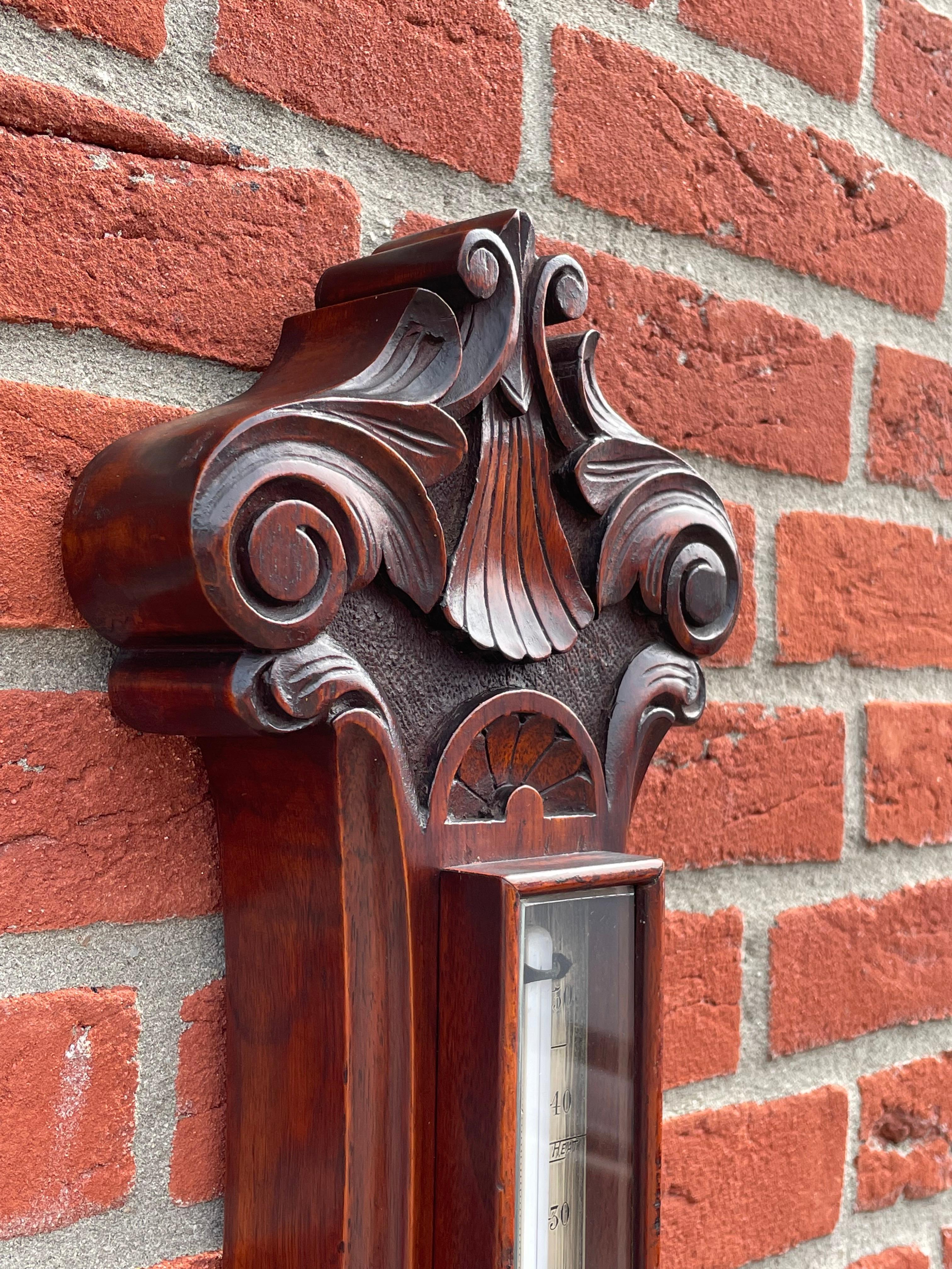 Beveled Large Superb Condition Antique Hand Carved Solid Walnut Victorian Wall Barometer