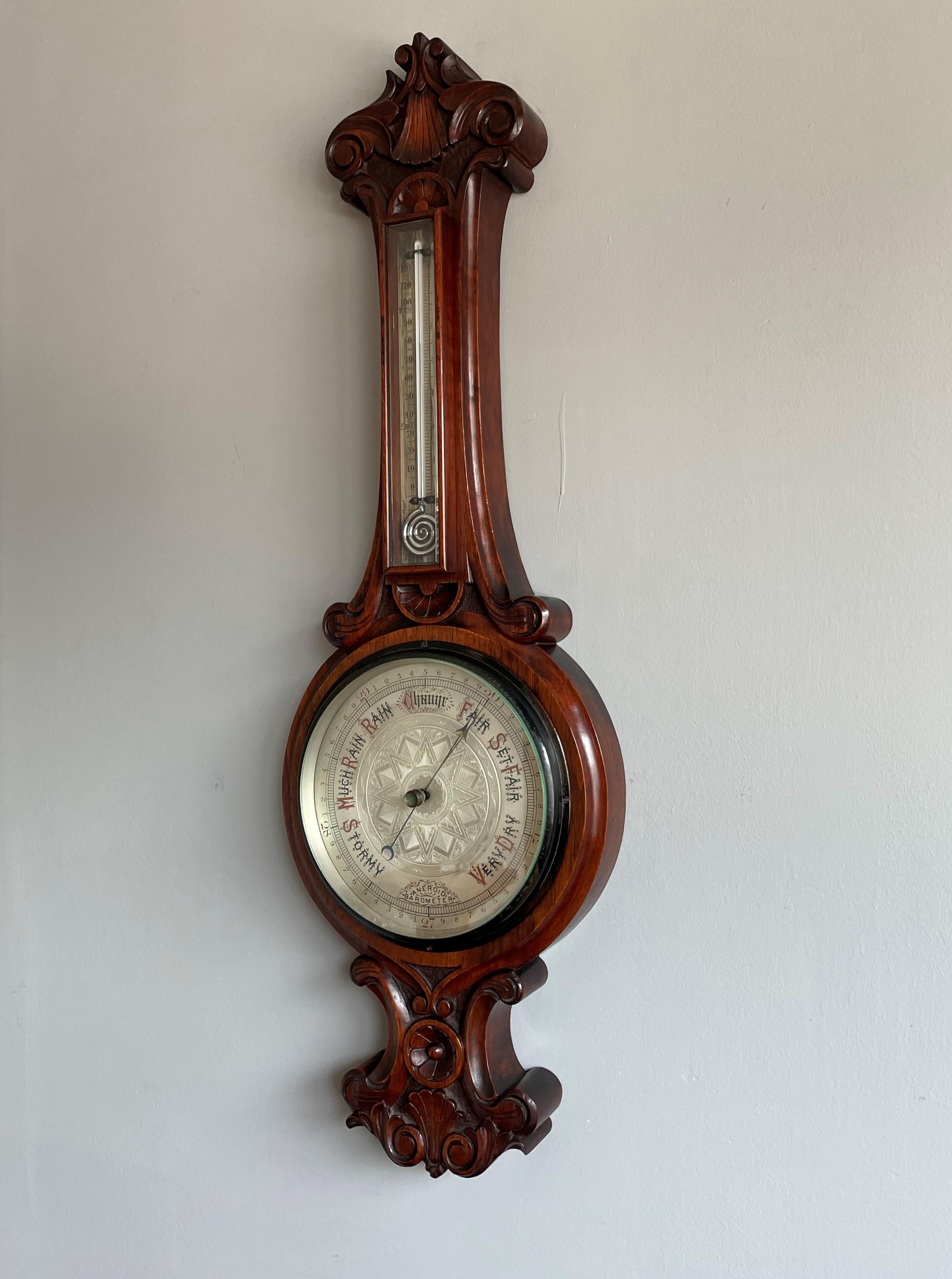 Large Superb Condition Antique Hand Carved Solid Walnut Victorian Wall Barometer In Good Condition In Lisse, NL