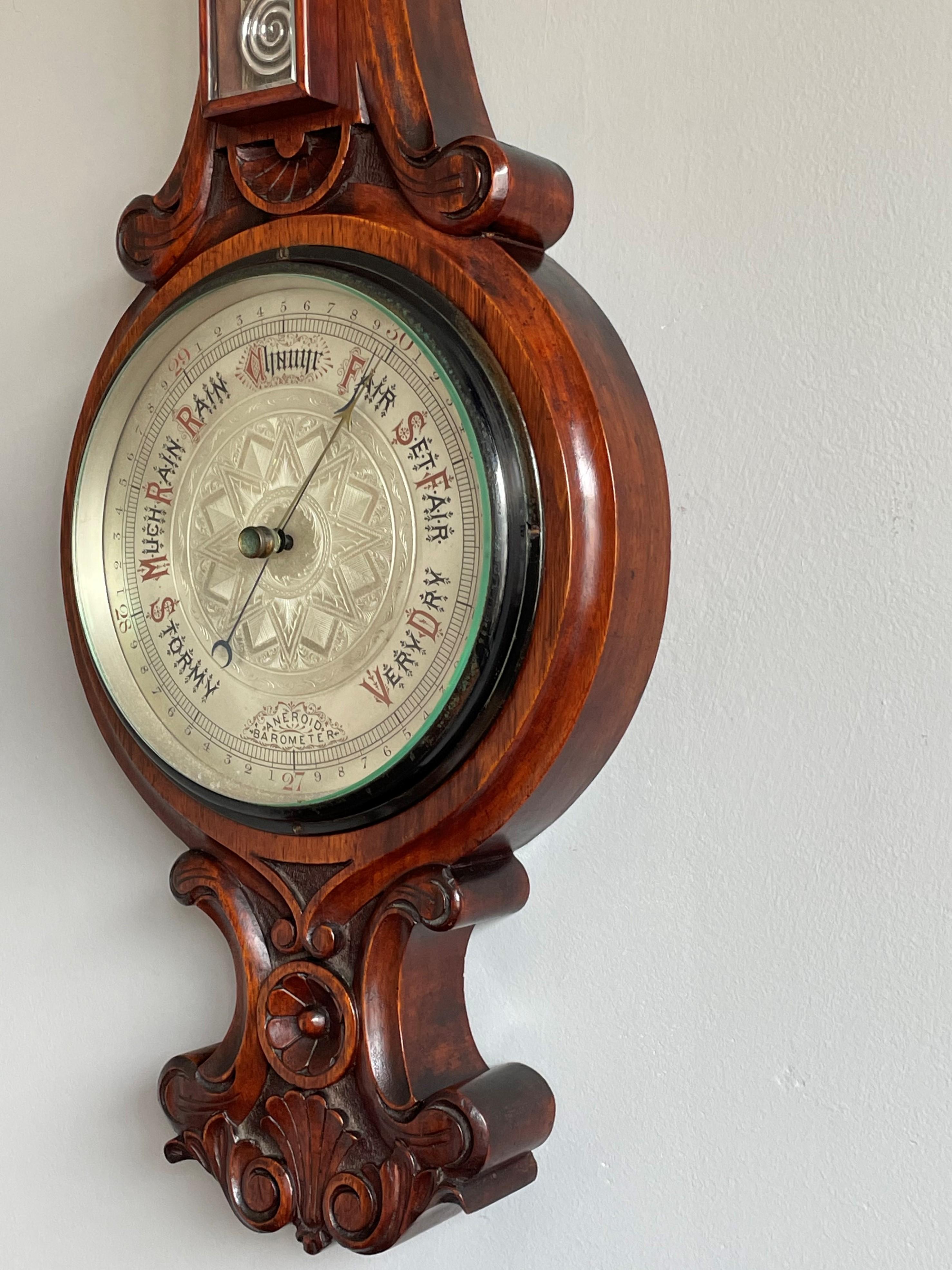 19th Century Large Superb Condition Antique Hand Carved Solid Walnut Victorian Wall Barometer