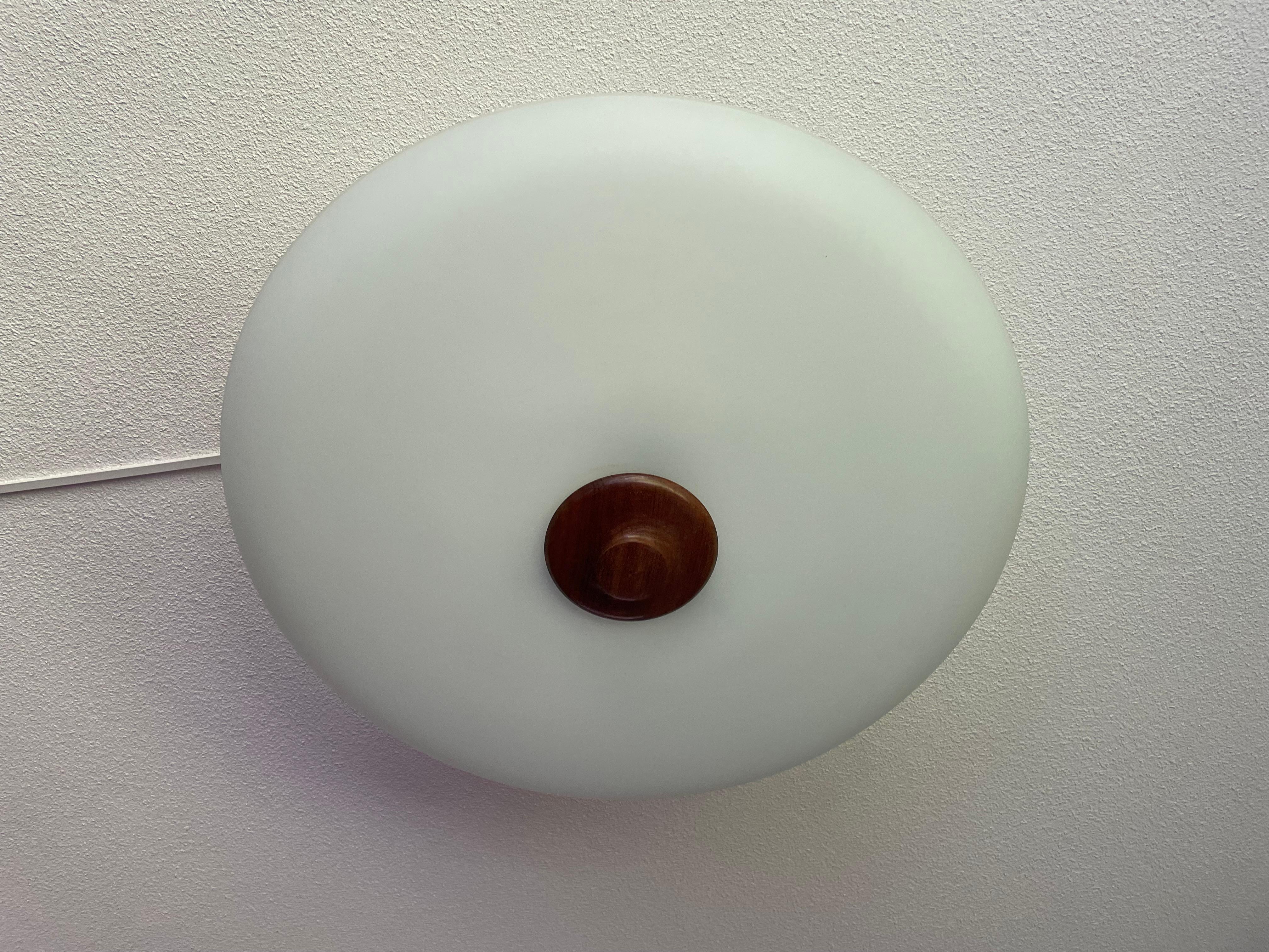 20th Century Large Superb Condition Midcentury All White Glass Flush Mount with Teakwood