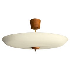 Large Superb Condition Midcentury All White Glass Flush Mount with Teakwood