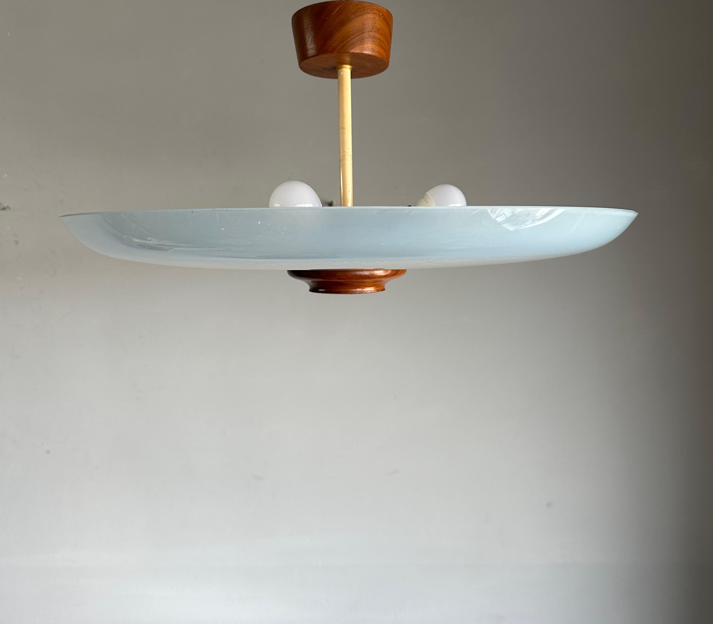 Mid-Century Modern Large Superb Condition Midcentury Sky Blue Color Glass Flush Mount with Teakwood