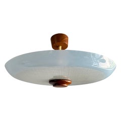 Large Superb Condition Midcentury Sky Blue Color Glass Flush Mount with Teakwood