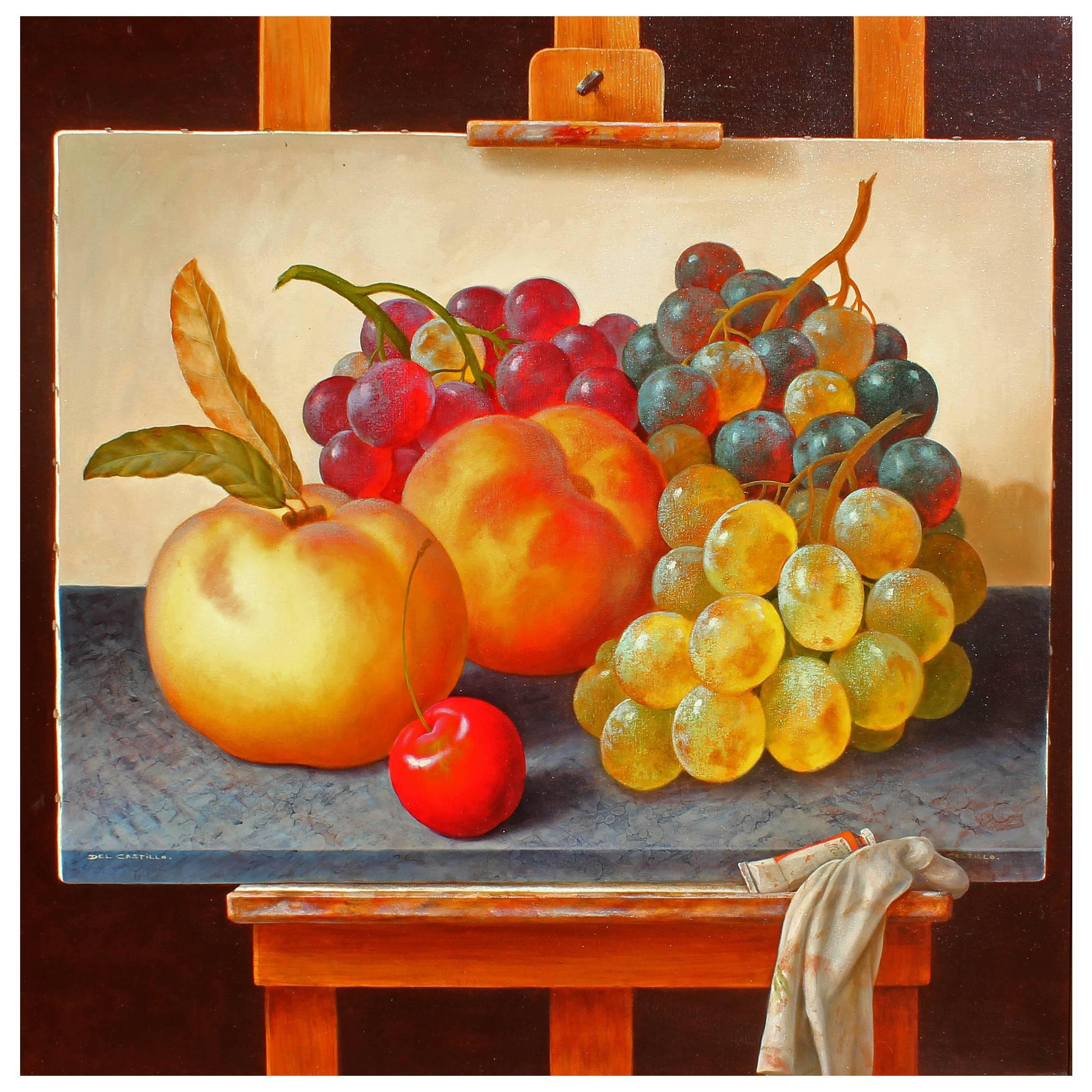 Peinture à l'huile surréaliste hyper réaliste en trompe-l'oeil de l'artiste latino-américain Victor Del Castillo. Pêches, raisins et cerises dans des couleurs riches et brillantes et avec des détails incroyables. Mesures : Grande huile sur toile de