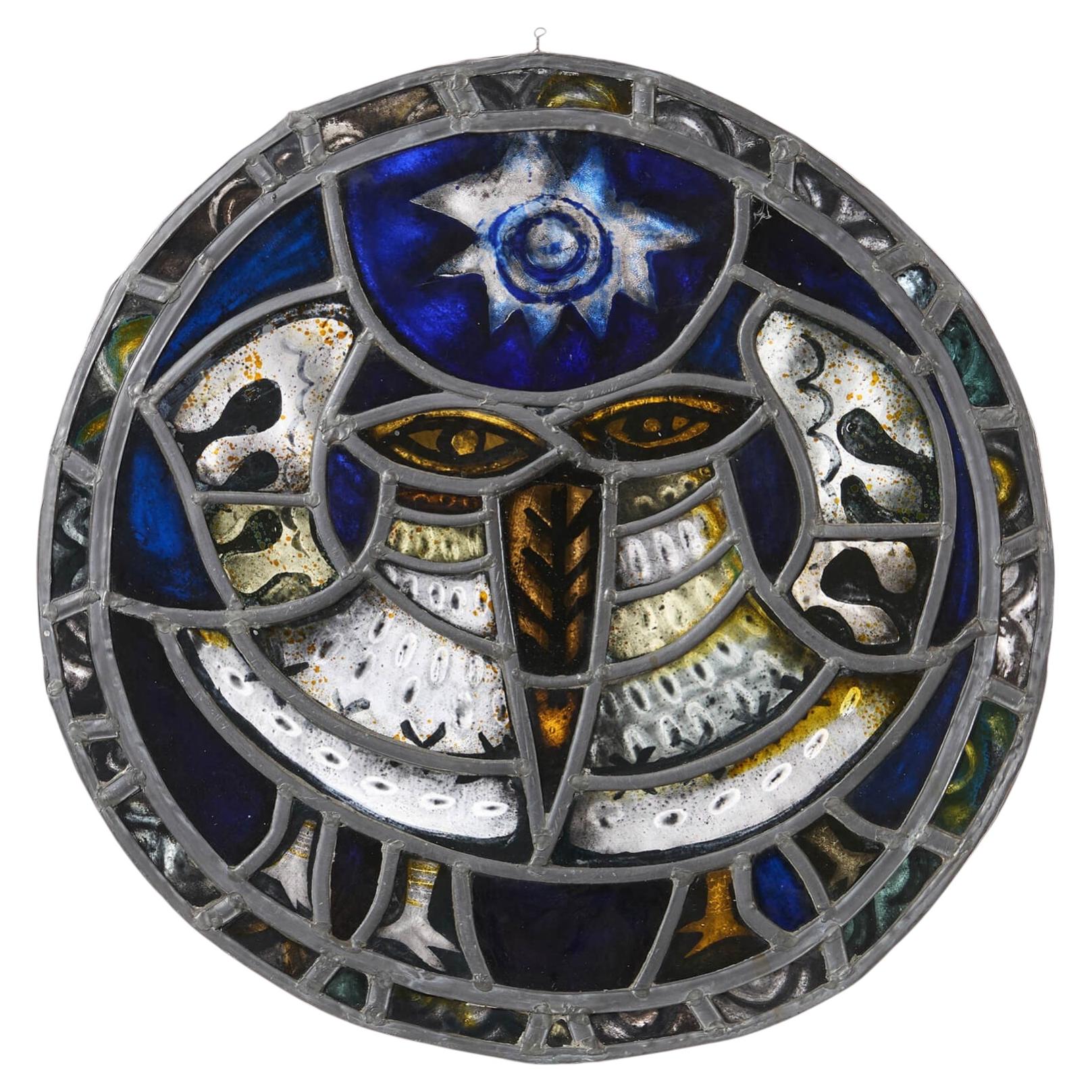 Large Surrealist Style 20th Century Stained Glass Roundel