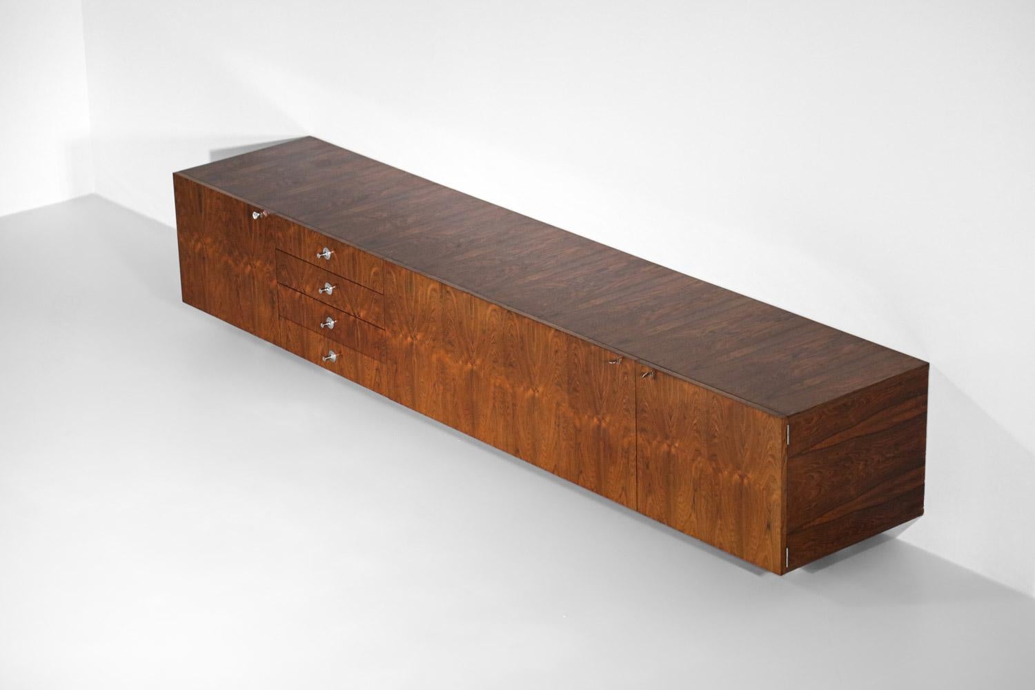 Large Suspended Sideboard Alain Richard for Tv Cabinet in Rosewood, 60s, French 6
