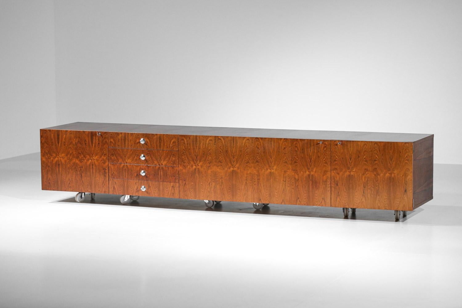 Large Suspended Sideboard Alain Richard for Tv Cabinet in Rosewood, 60s, French In Good Condition In Lyon, FR