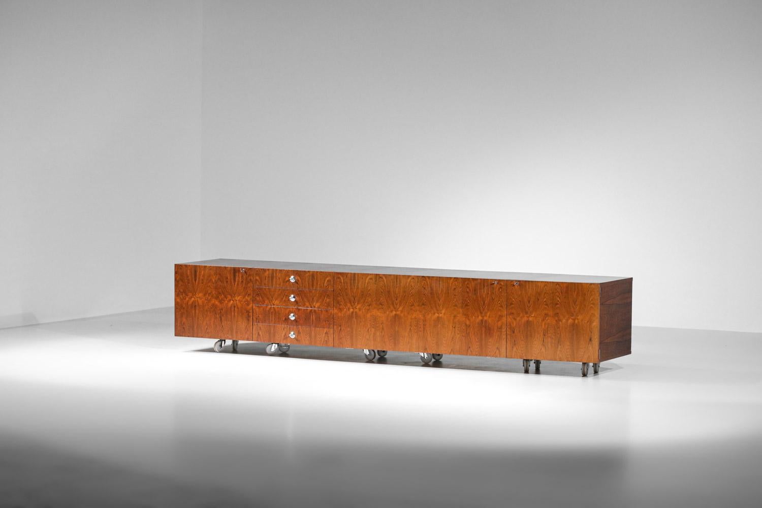Mid-20th Century Large Suspended Sideboard Alain Richard for Tv Cabinet in Rosewood, 60s, French