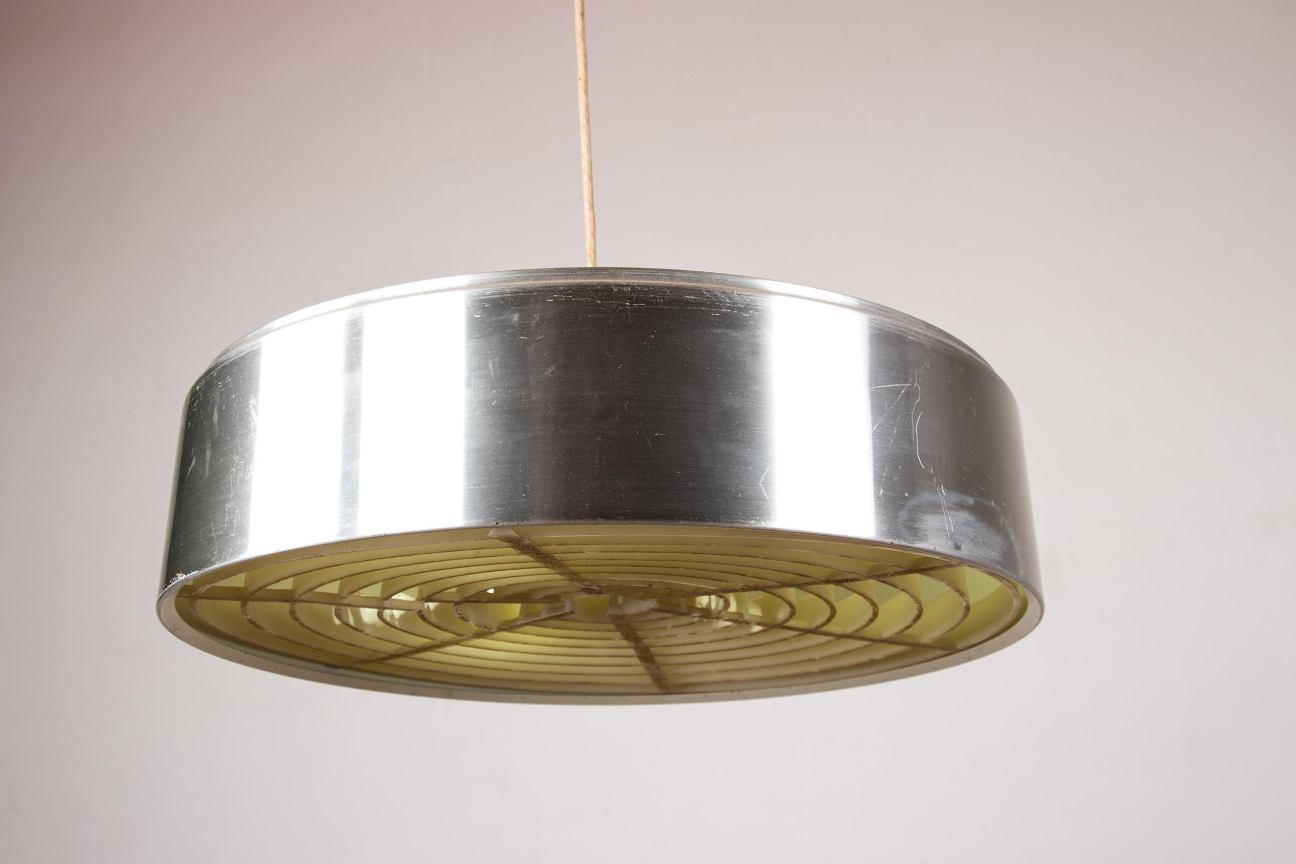 Danish Large Suspension in Aluminum, brass and plastic by Louis Poulsen 1960. For Sale