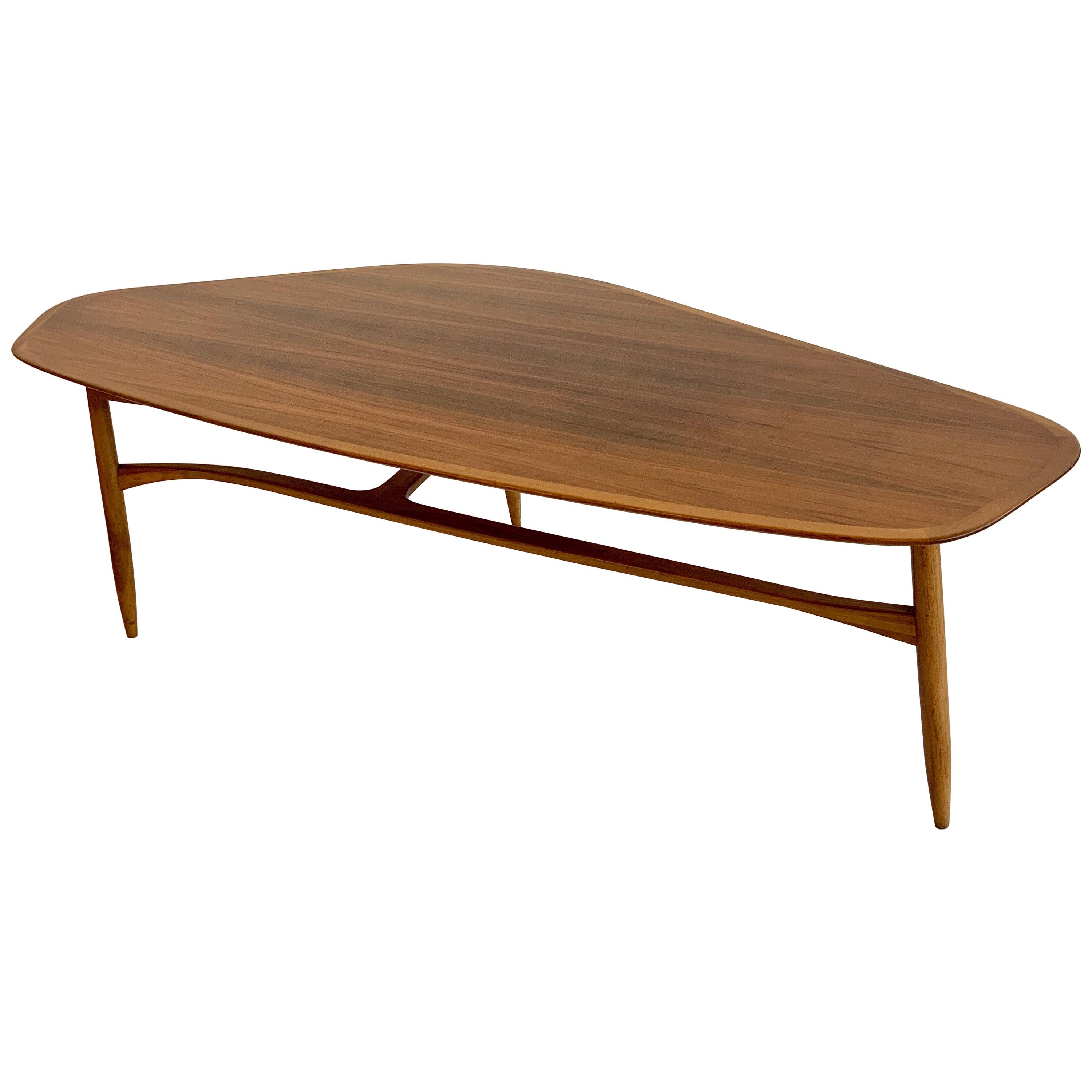 Large Svante Skogh for Laauser Midcentury Walnut Curved Coffee Table, 1950s For Sale