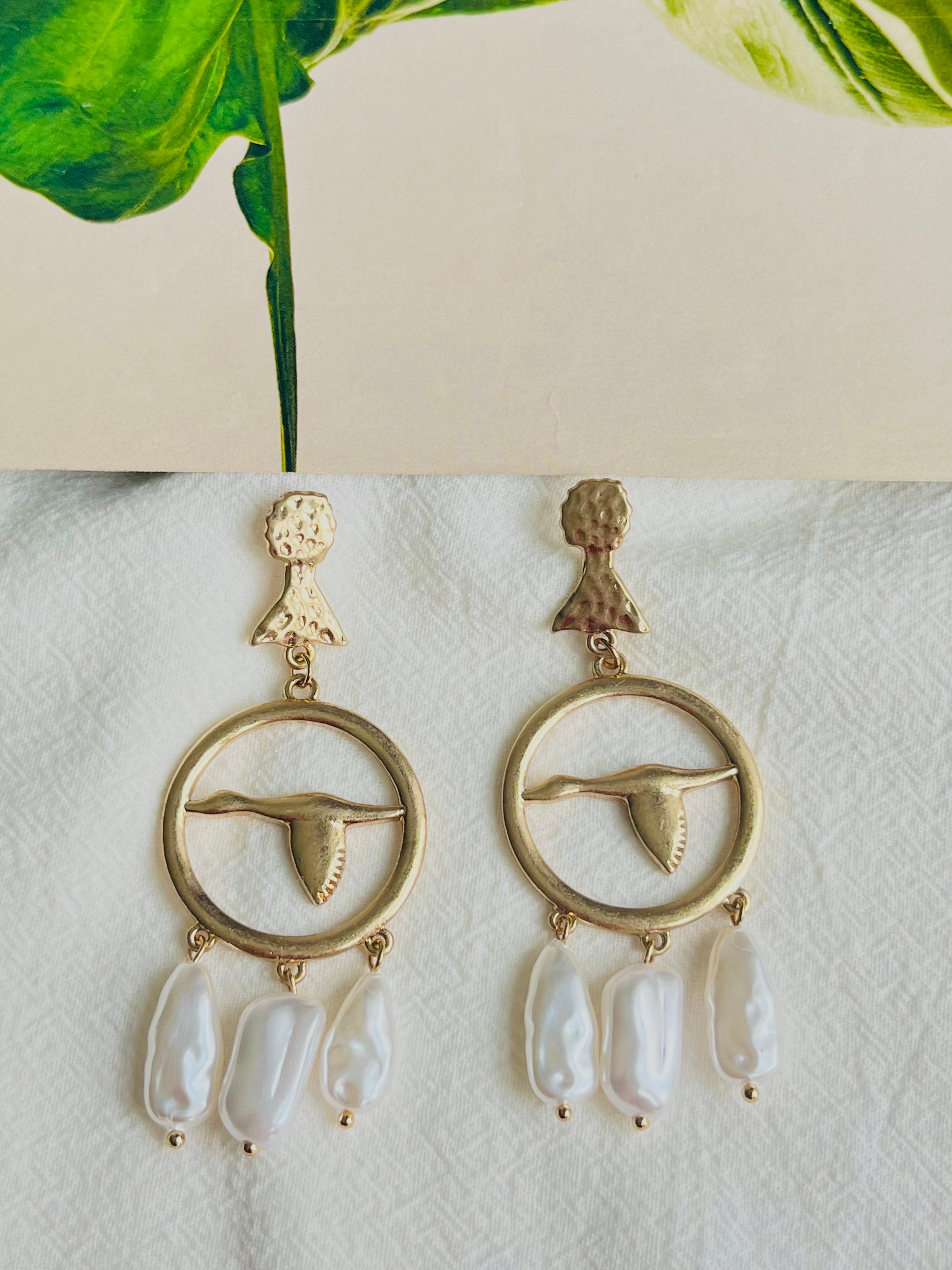 Art Deco Large Swan Goose Openwork White Irregular Tassel Pearls Drop Pierced Earrings For Sale