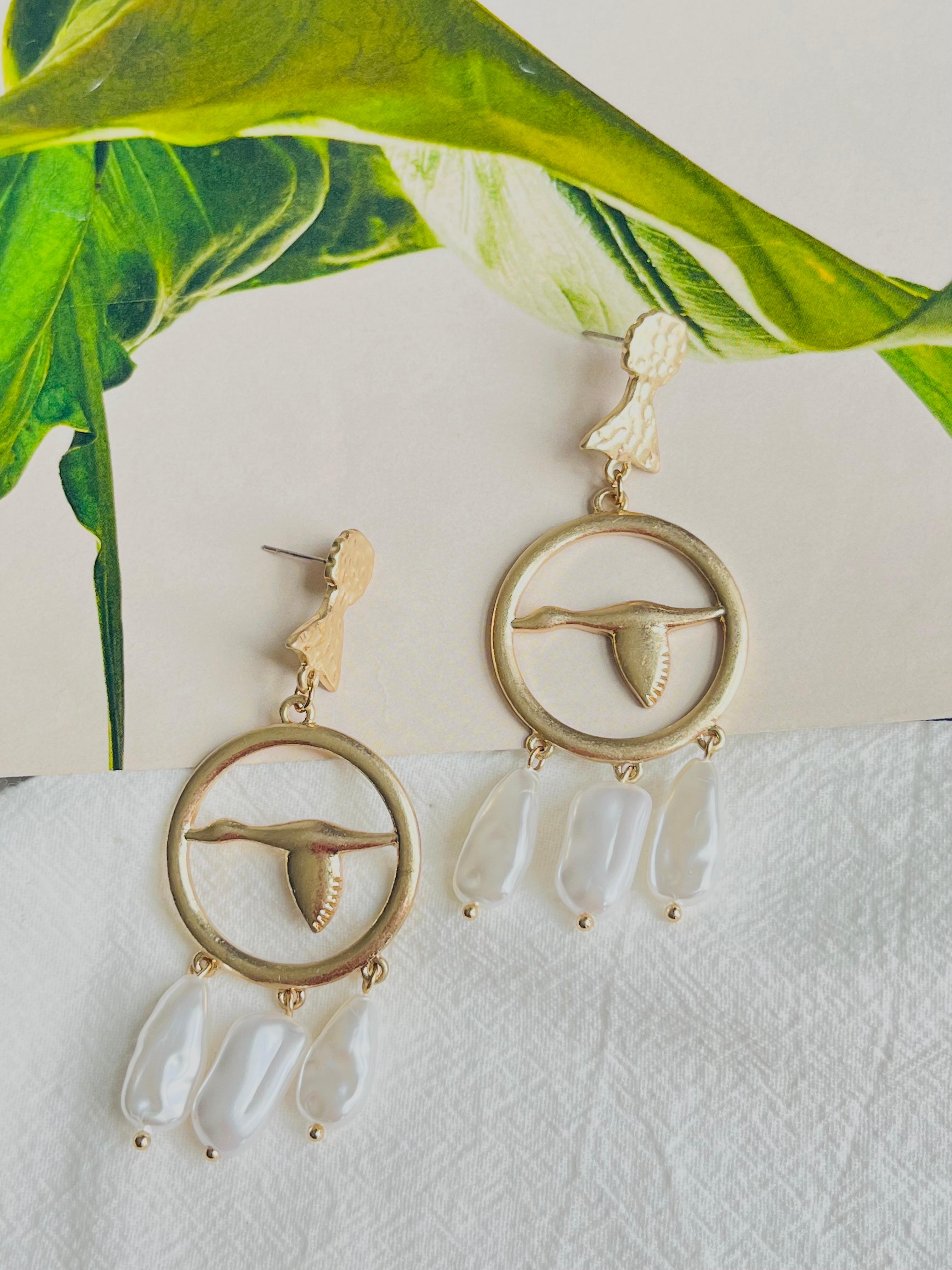 Art Deco Large Swan Goose Openwork White Irregular Tassel Pearls Drop Pierced Earrings For Sale
