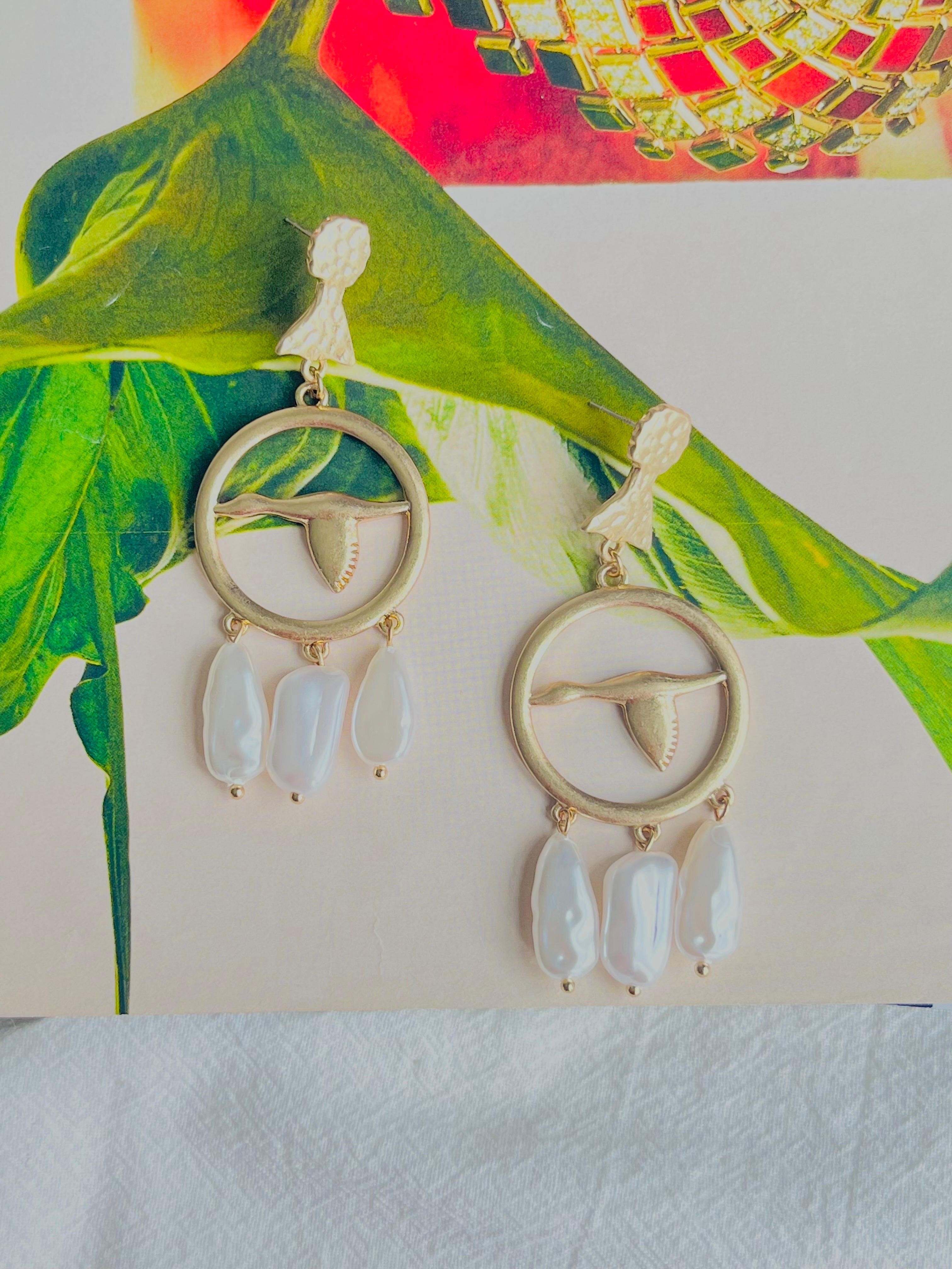 Large Swan Goose Openwork White Irregular Tassel Pearls Drop Pierced Earrings For Sale 1